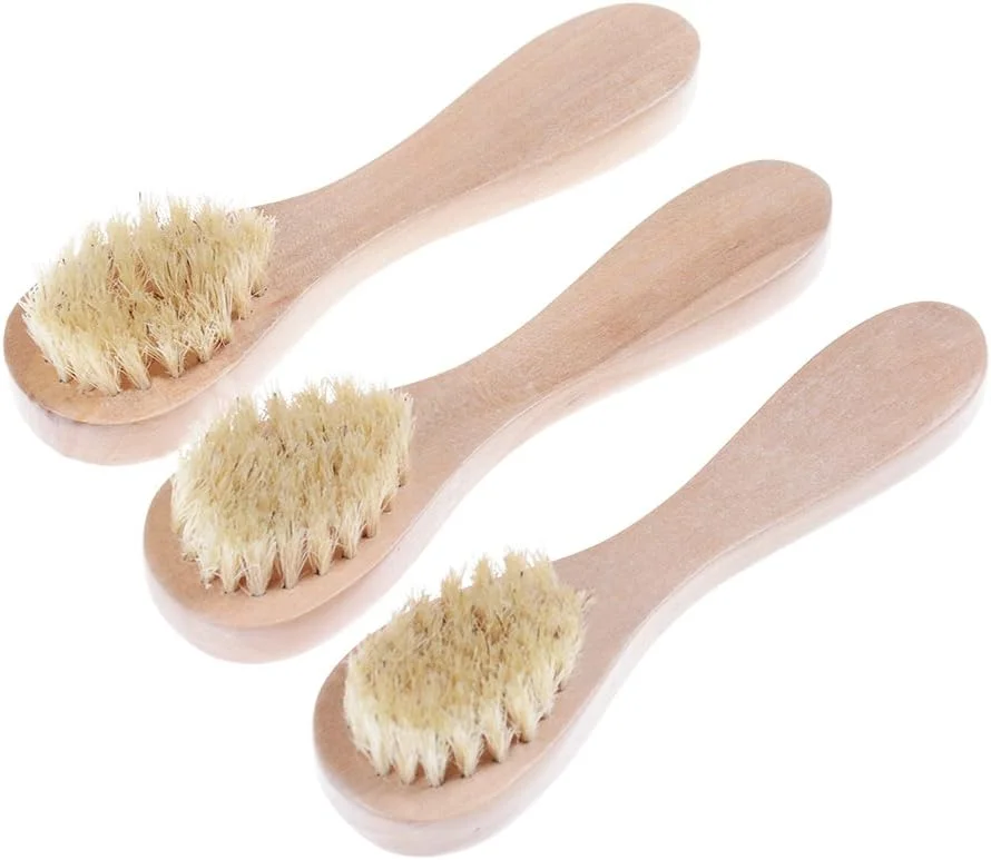 برس پاک کننده صورت 37YIMU برای لایه برداری صورت، برس موی طبیعی برای برس خشک - مجموعه 3 عددی دسته چوبی اسکراب پاک کننده پوست برای مردان و زنان