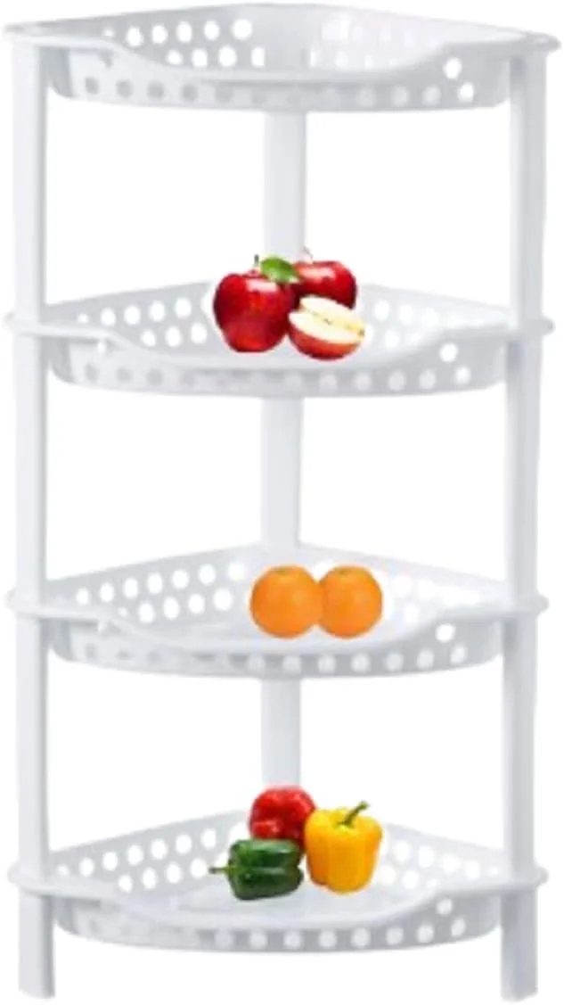قفسه 4 طبقه گوشه ای سبد نگهداری میوه و سبزیجات کوالی ور، ارگانایزر ترولی پلاستیکی قابل انباشت آشپزخانه (سبد گوشه ای سفید)