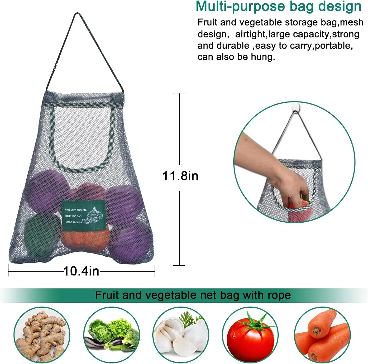 N - A ست 3 عددی کیسه توری قابل استفاده مجدد، کیسه های قابل حمل برای محصولات، کیسه های نگهداری آویز قابل شستشو، کیف دستی خرید سازمان دهنده برای میوه، سیر، پیاز، سیب زمینی (متوسط)