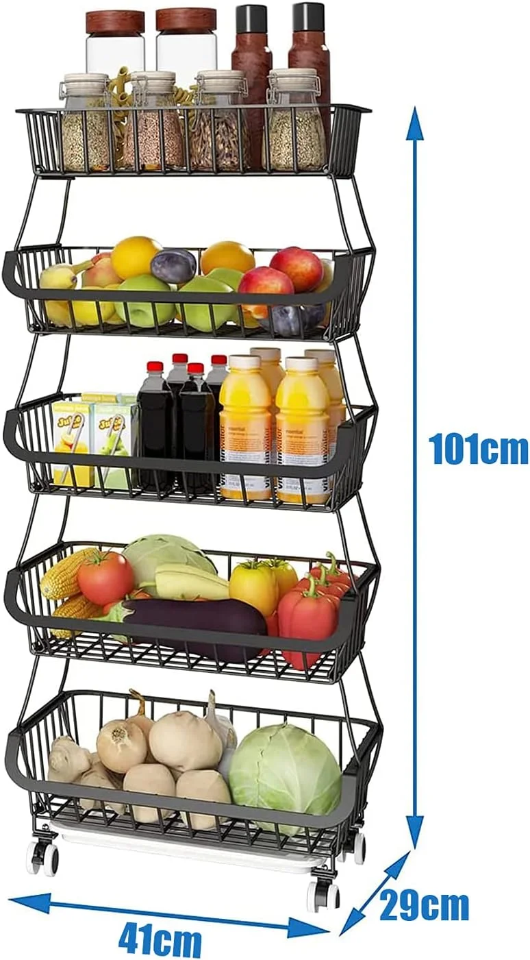 سبد میوه برای آشپزخانه، سبد ذخیره سازی سیمی با چرخ، چرخ دستی ذخیره سازی میوه و سبزیجات، قفسه سطل سبزیجات برای پیاز و سیب زمینی، 5 طبقه