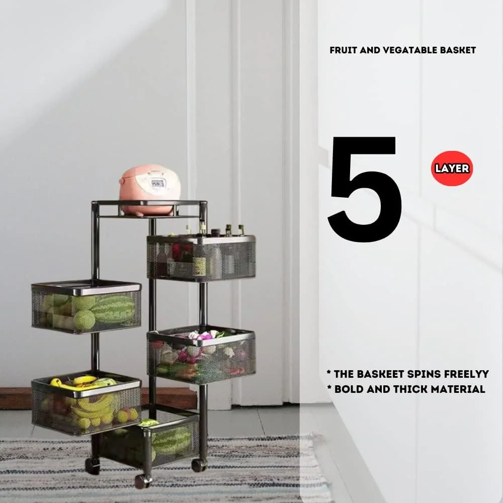 ترولی آشپزخانه KWER با سبدهای مربعی پیاز، 5 طبقه برای نگهداری لوازم جانبی آشپزخانه و سبد سبزیجات، قابل حمل با چرخ (مشکی)