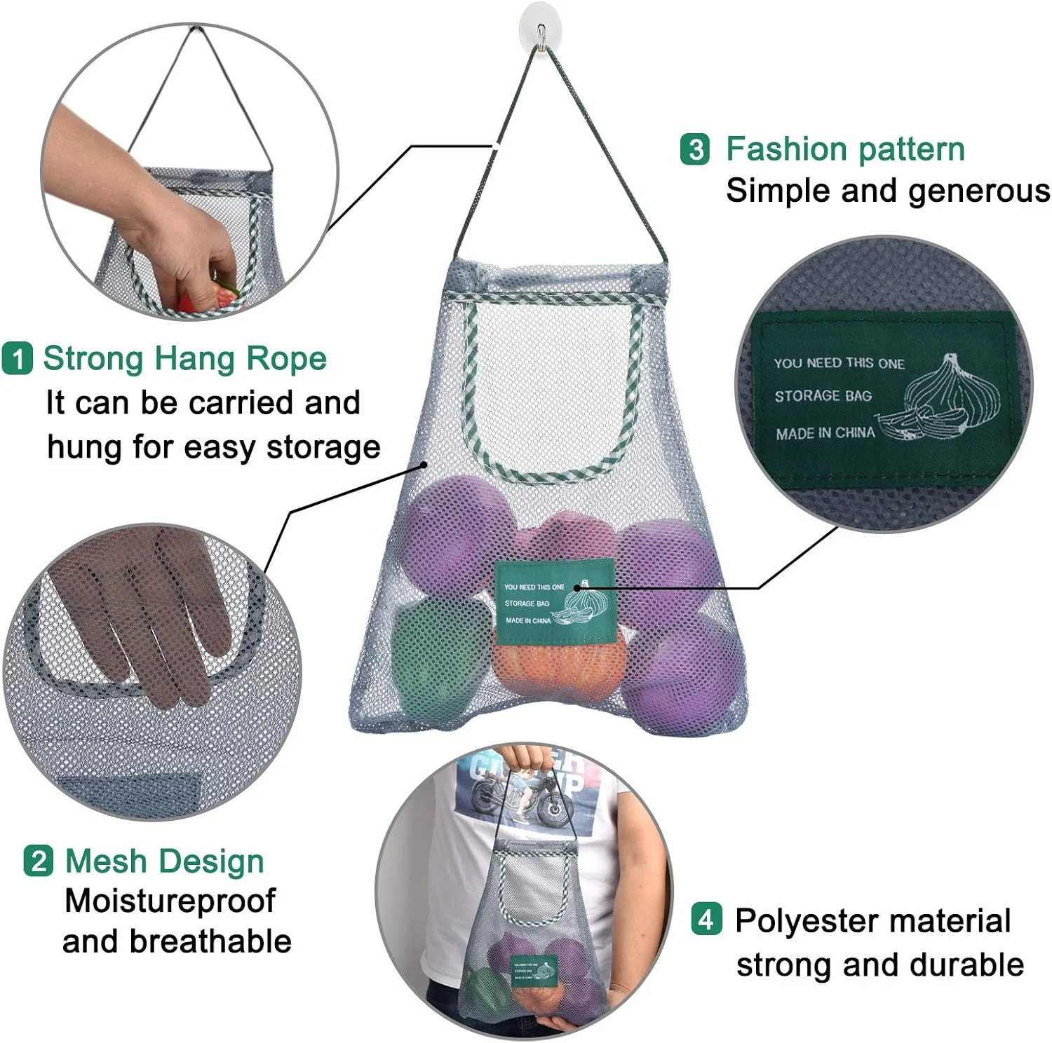 N - A ست 3 عددی کیسه توری قابل استفاده مجدد، کیسه های قابل حمل برای محصولات، کیسه های نگهداری آویز قابل شستشو، کیف دستی خرید سازمان دهنده برای میوه، سیر، پیاز، سیب زمینی (متوسط)