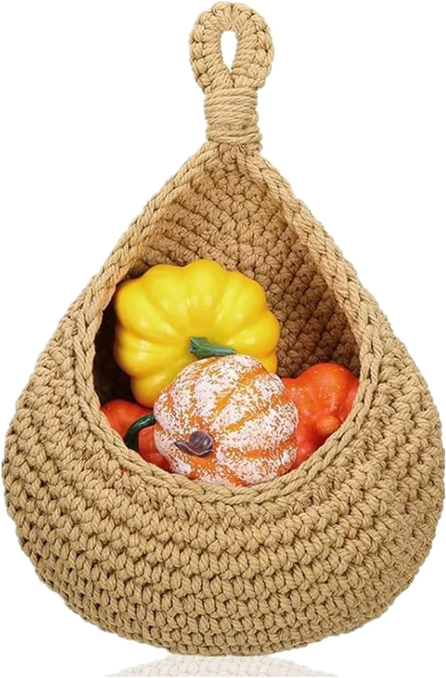 سبد آویز دیواری QRZLP، سبد بافته شده دستی برای نگهداری سبزیجات/میوه جات آشپزخانه، سبد آویز قطره اشکی برای زنجبیل، سیر، سیب زمینی، پیاز.