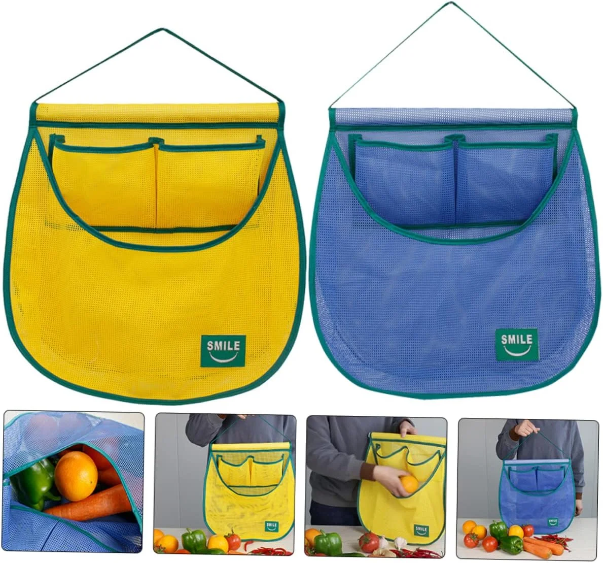 2 عدد کیف توری آویز دیواری برای میوه، سیر، سیب زمینی، لوازم حمام، خرید و نگهداری وسایل آشپزخانه، پیاز و سایر لوازم جانبی - سازمان دهنده توری سبزیجات