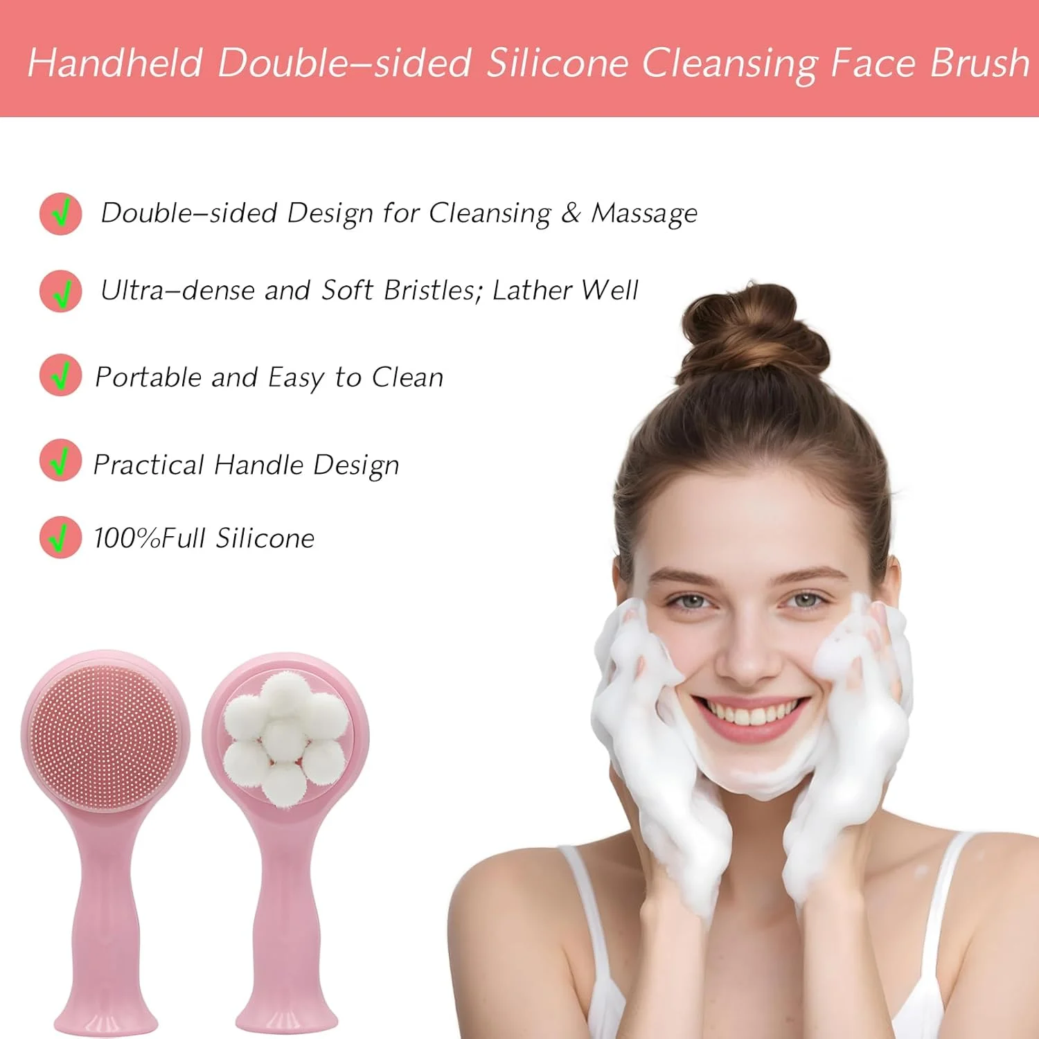 برس صورت 2 در 1، برس پاک کننده و لایه بردار صورت، اسکرابر سیلیکونی ملایم صورت برای جوش های سرسیاه و منافذ، برس شستشوی دستی نرم صورت برای مراقبت عمیق از پوست (صورتی)