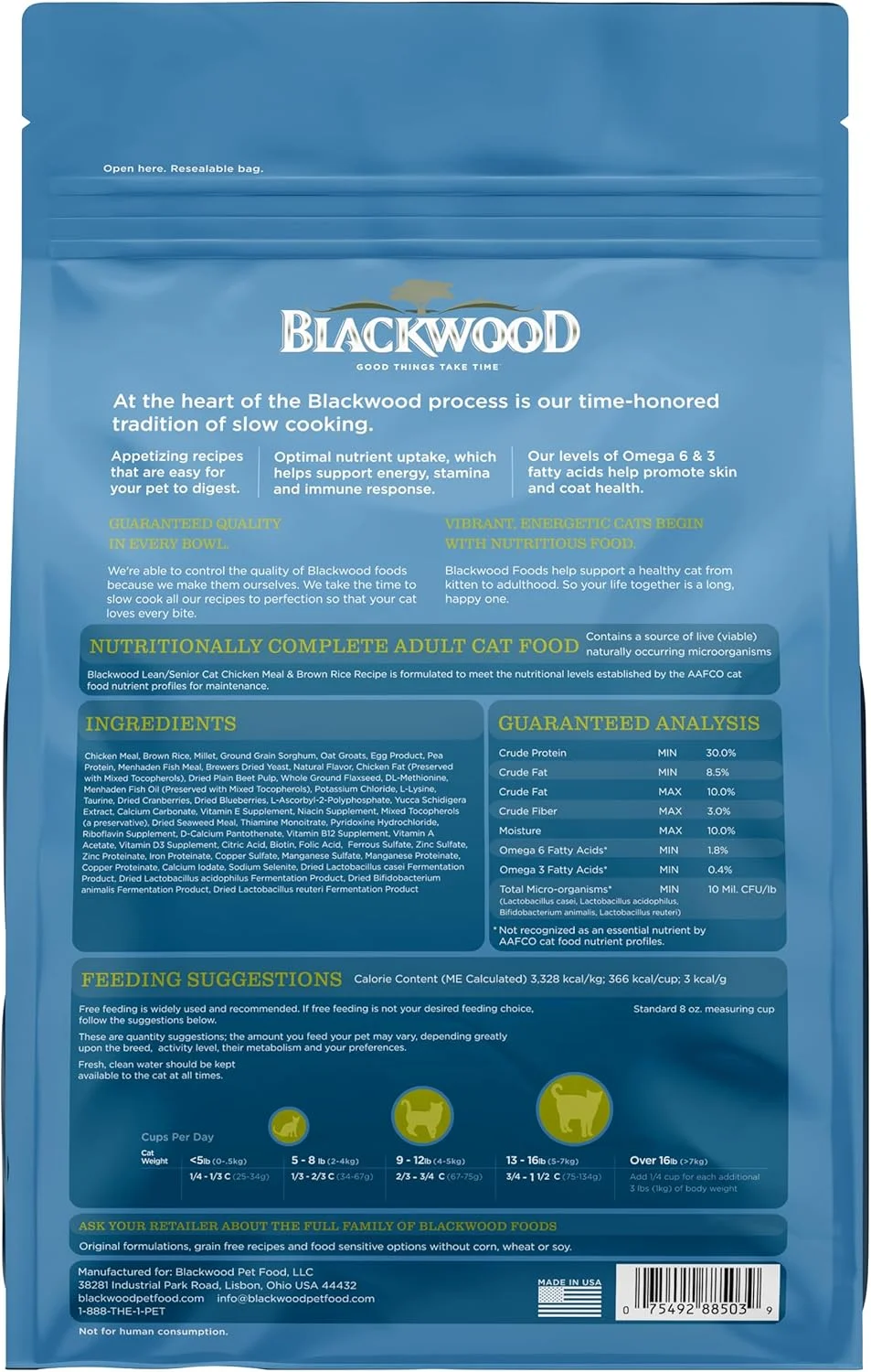 غذای خشک گربه بالغ Blackwood ساخت آمریکا [غذای فوق ممتاز برای گربه های بالغ، داخل خانه و مسن]، دستور پخت مرغ و برنج قهوه ای 4 پوندی 22342