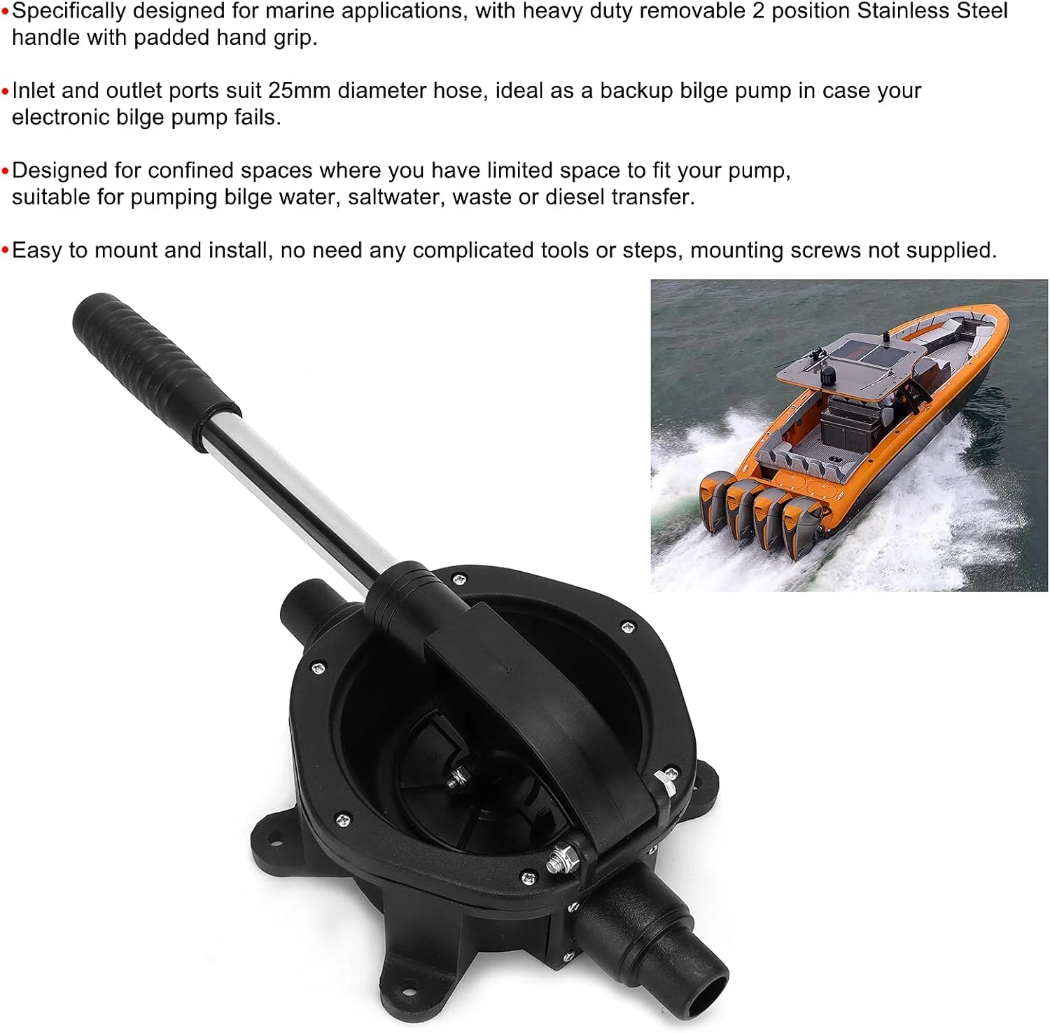 پمپ دستی لجن کش Fyearfly، 45 لیتر در دقیقه/720 گالن در ساعت، مشکی، صنعتی، پمپ دیافراگمی دستی، پمپ لجن کش قایق