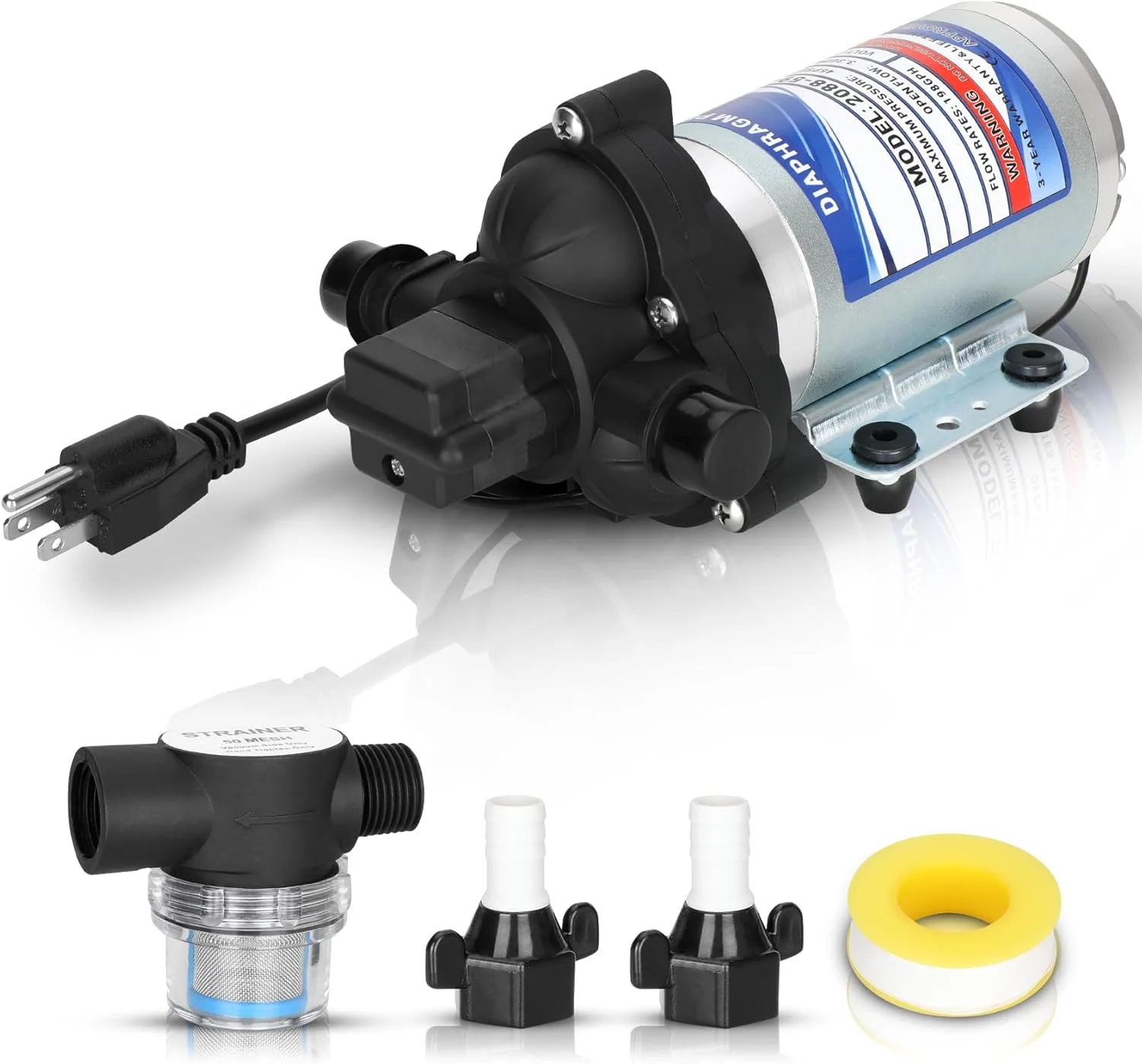 پمپ آب دیافراگمی صنعتی مدل 2088-594-154، با نرخ جریان 750 لیتر در ساعت، 115 ولت AC، ورودی 1/2 اینچ، پمپ آب برقی قابل حمل، فشار 45 PSI/3.1 بار، نرخ جریان 11.4 لیتر در دقیقه، مناسب برای کاربردهای نوشیدنی و آب، فشار آب