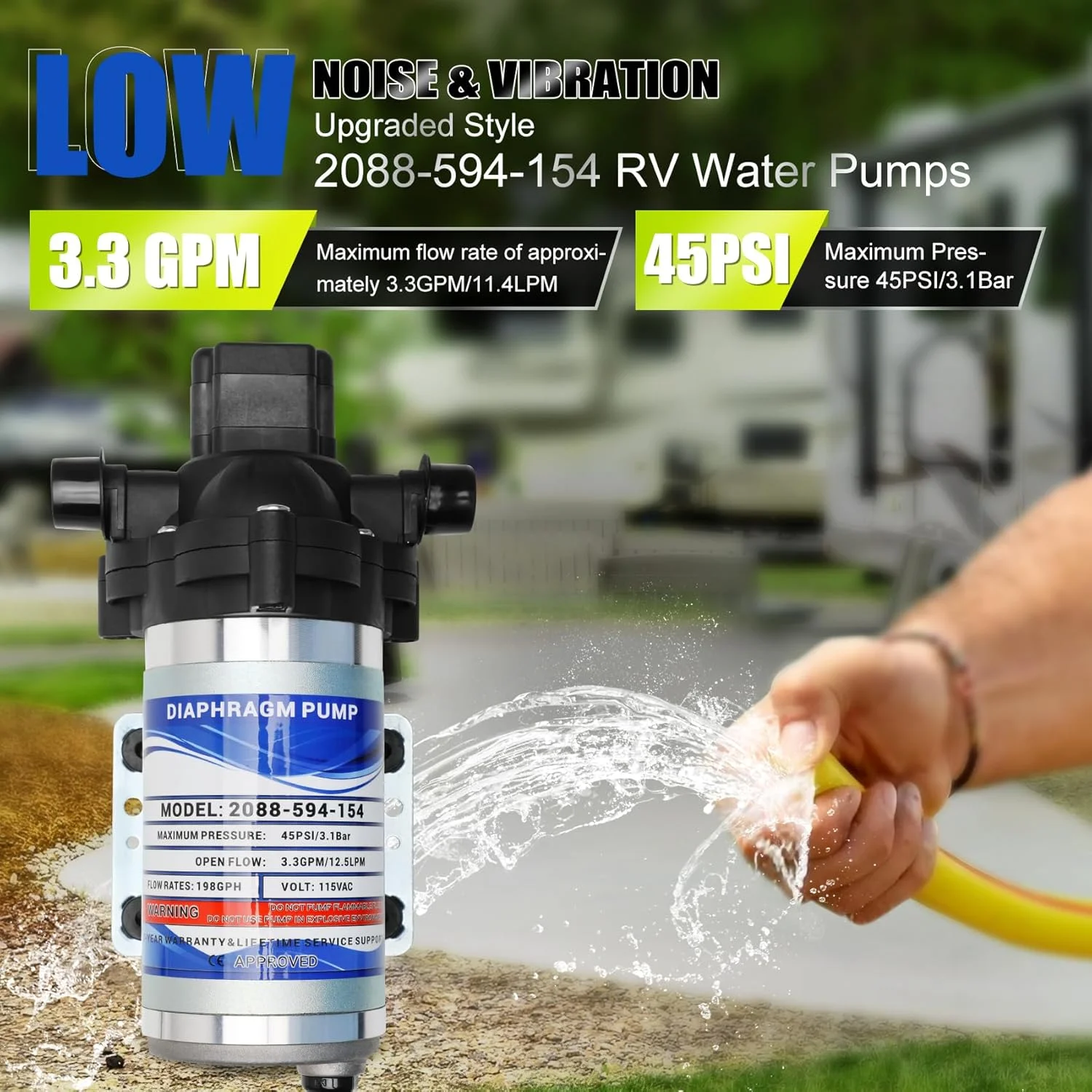 پمپ آب دیافراگمی صنعتی مدل 2088-594-154، با نرخ جریان 750 لیتر در ساعت، 115 ولت AC، ورودی 1/2 اینچ، پمپ آب برقی قابل حمل، فشار 45 PSI/3.1 بار، نرخ جریان 11.4 لیتر در دقیقه، مناسب برای کاربردهای نوشیدنی و آب، فشار آب