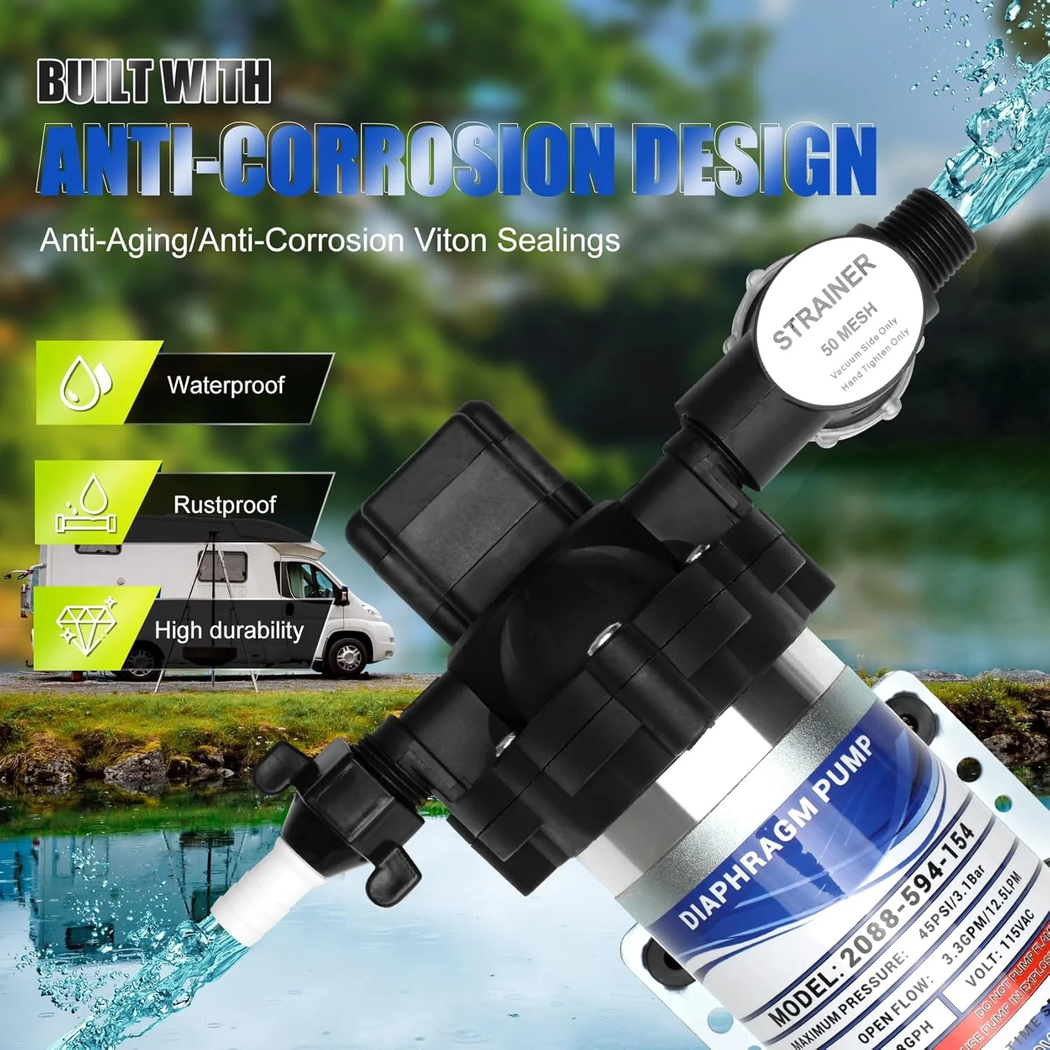 پمپ آب دیافراگمی صنعتی مدل 2088-594-154، با نرخ جریان 750 لیتر در ساعت، 115 ولت AC، ورودی 1/2 اینچ، پمپ آب برقی قابل حمل، فشار 45 PSI/3.1 بار، نرخ جریان 11.4 لیتر در دقیقه، مناسب برای کاربردهای نوشیدنی و آب، فشار آب