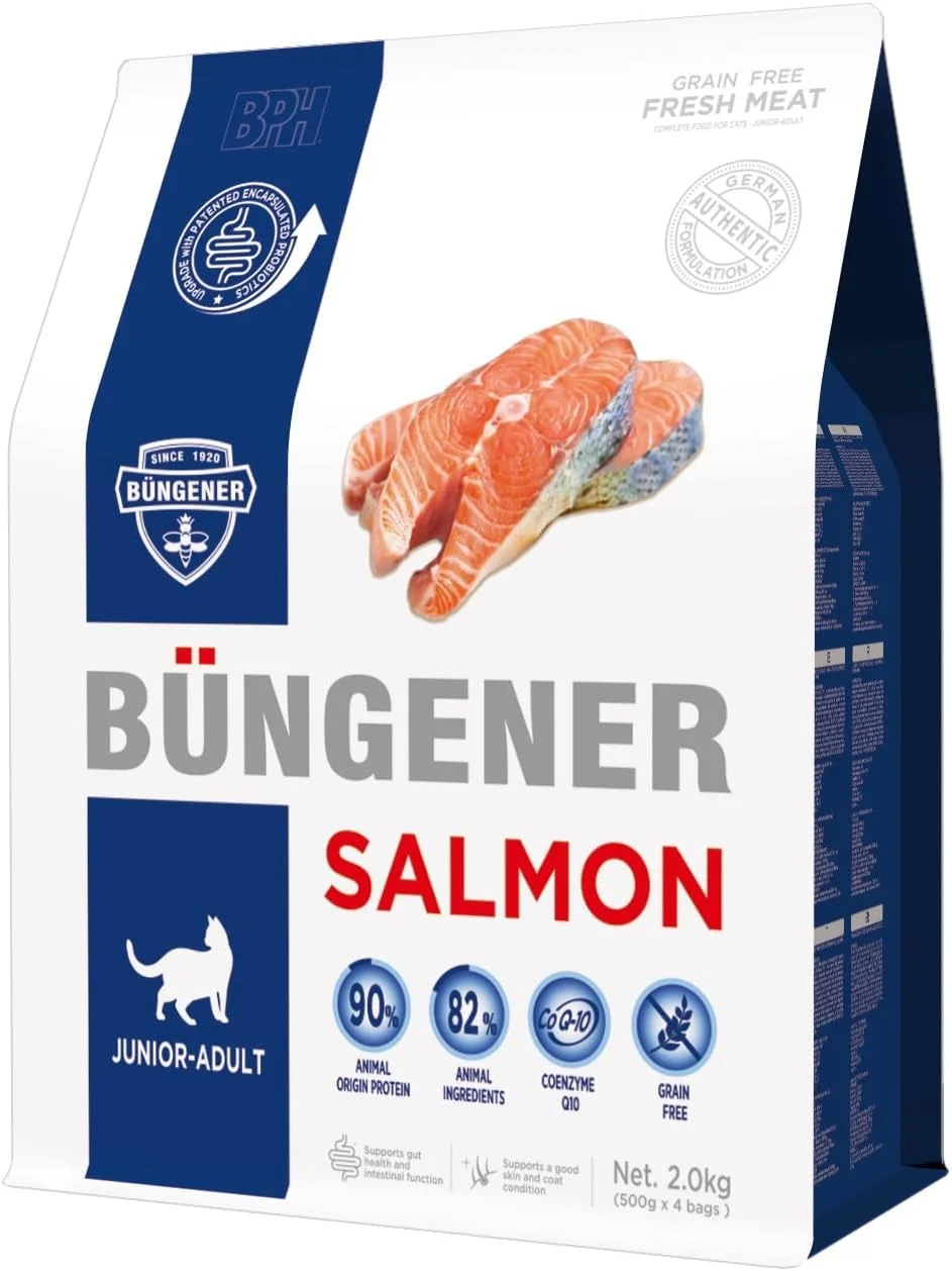 غذای خشک کامل بدون غلات بانگنر برای گربه های جوان و بالغ - طعم سالمون - 2 کیلوگرم غذای خشک کامل بدون غلات بانگنر برای گربه های جوان و بالغ - طعم سالمون - 2 کیلوگرم