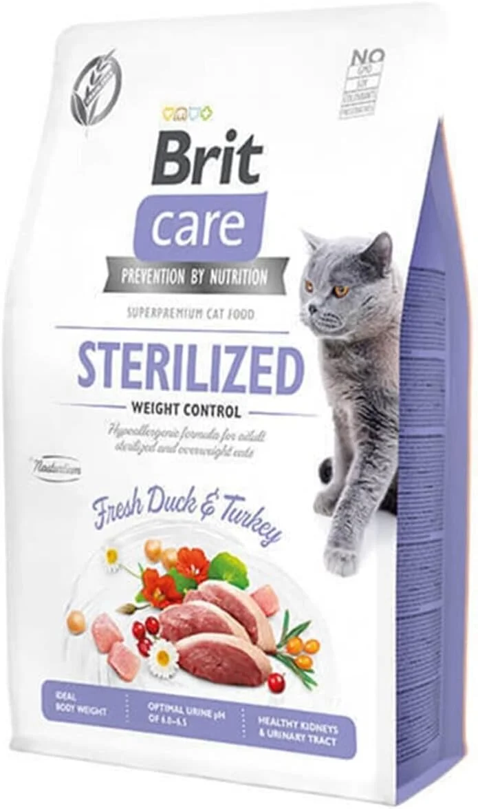 غذای خشک گربه Brit Care بدون غلات، استرلیزه شده و کنترل وزن 2 کیلوگرمی