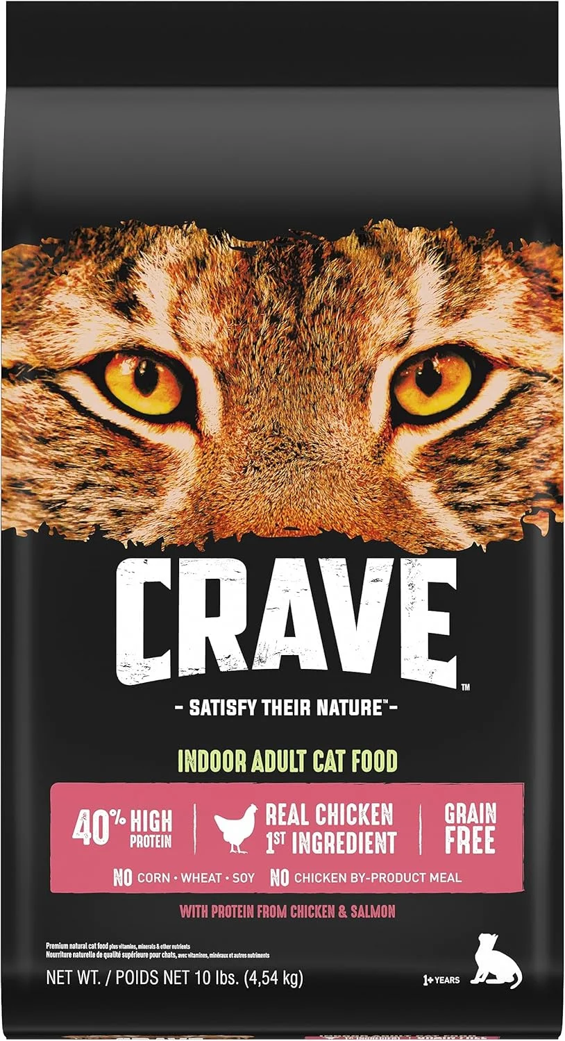 غذای خشک گربه بالغ بدون غلات CRAVE، پروتئین بالا، طبیعی، مناسب گربههای داخل خانه، با پروتئین مرغ و ماهی سالمون، کیسه 10 پوندی غذای خشک گربه بالغ بدون غلات CRAVE، پروتئین بالا، طبیعی، مناسب گربههای داخل خانه، با پروتئین مرغ و ماهی سالمون، کیسه 10 پوندی