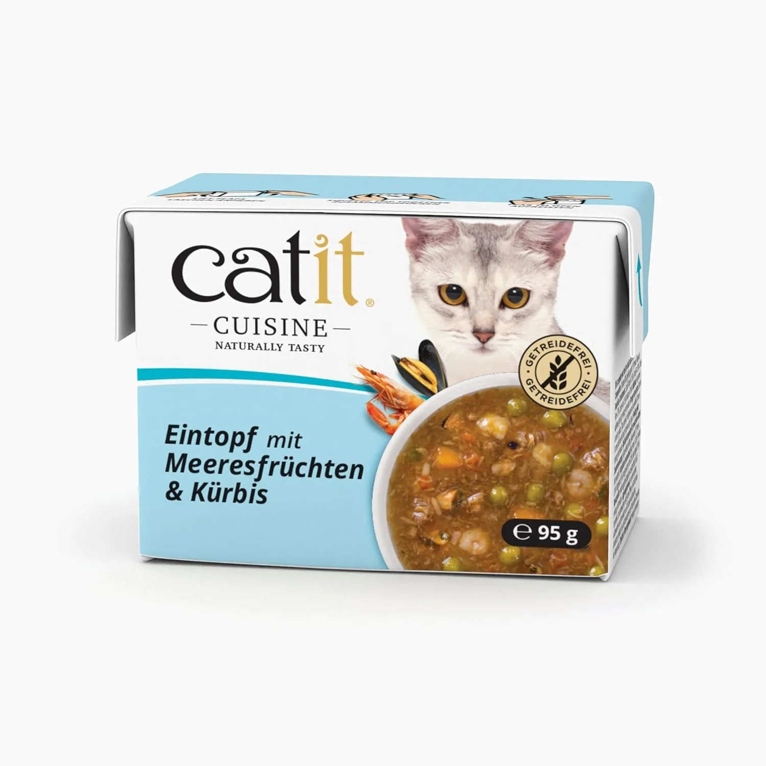 غذای مرطوب گربه کت ایت کویزین با طعم خوراک دریایی و کدو تنبل مناسب گربه بالغ بالای 1 سال، 95 گرم