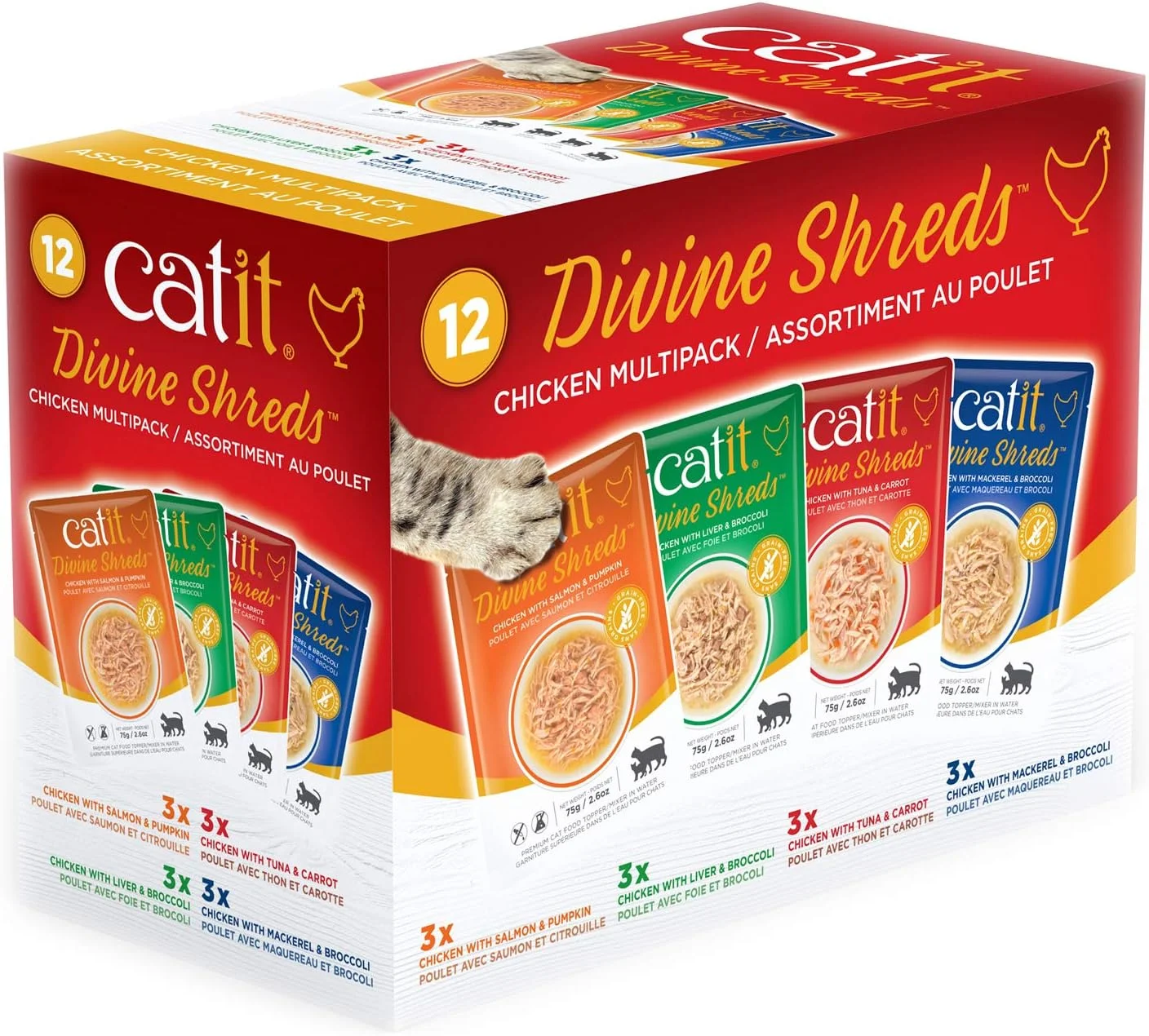 پوچ گربه Catit Divine Shreds طعم مرغ با ماهی سالمون، هویج، گوشت گاو، کدو تنبل، ماهی تن، کلم پیچ یا ماهی خال مخالی و کلم بروکلی