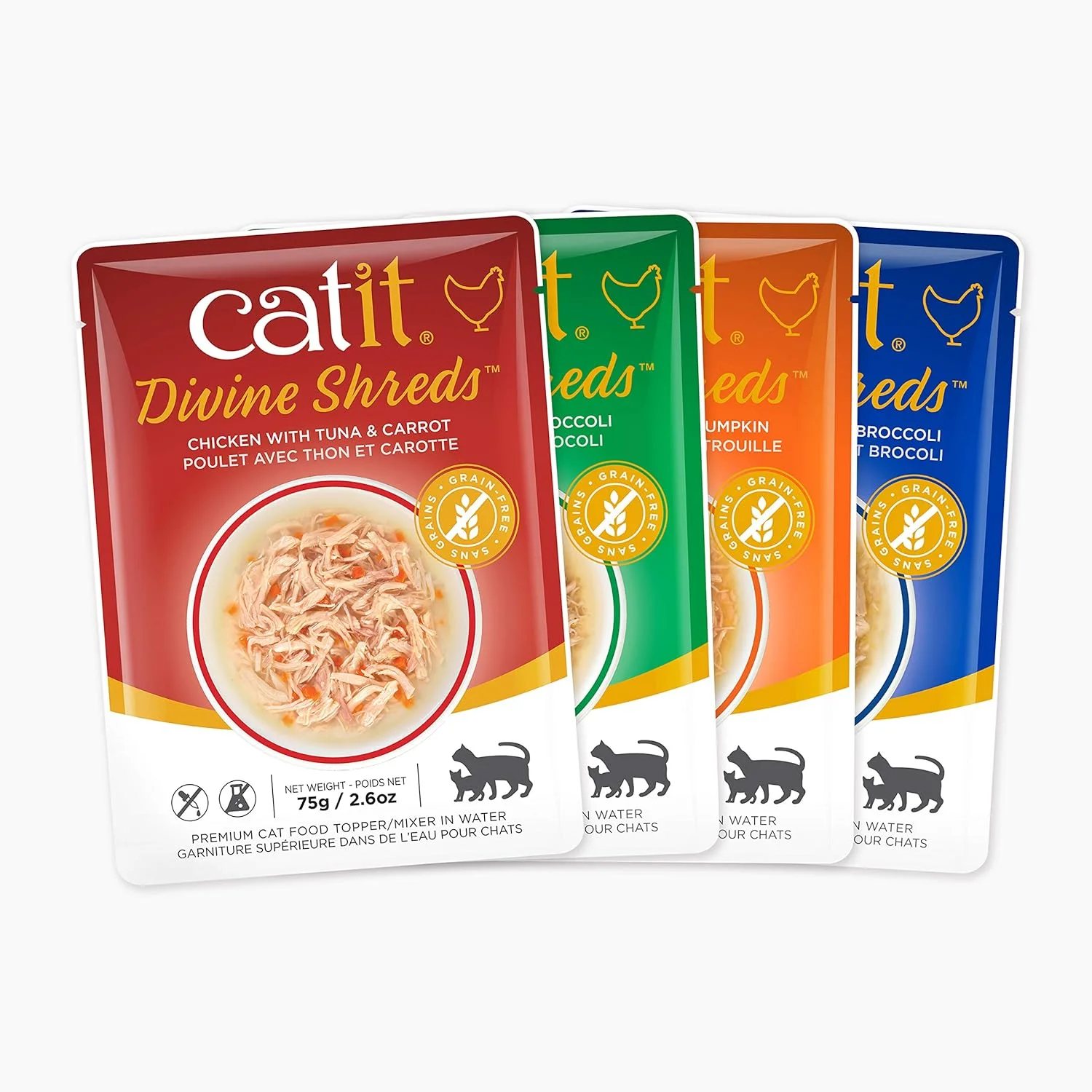 پوچ گربه Catit Divine Shreds طعم مرغ با ماهی سالمون، هویج، گوشت گاو، کدو تنبل، ماهی تن، کلم پیچ یا ماهی خال مخالی و کلم بروکلی