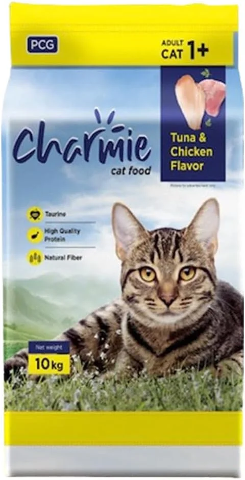 غذای خشک گربه Charmie - طعم ماهی تن و مرغ - حاوی تورین - با پروتئین - فیبر طبیعی - تقویت رشد و ظاهر فیزیکی مناسب - 10 کیلوگرم
