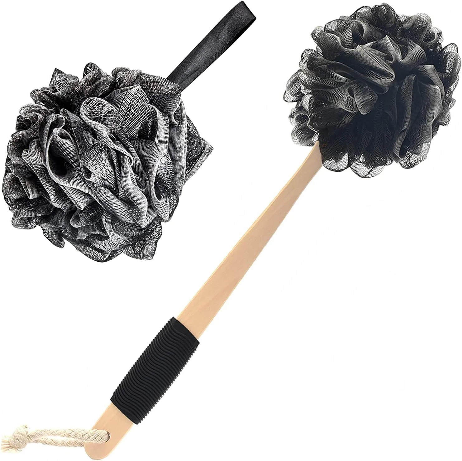 لیف اسفنجی کمر آنجو با زغال بامبو | اسفنج لوفا با دسته بلند برای حمام | اسفنج لوفا لایه بردار برای بدن و کمر