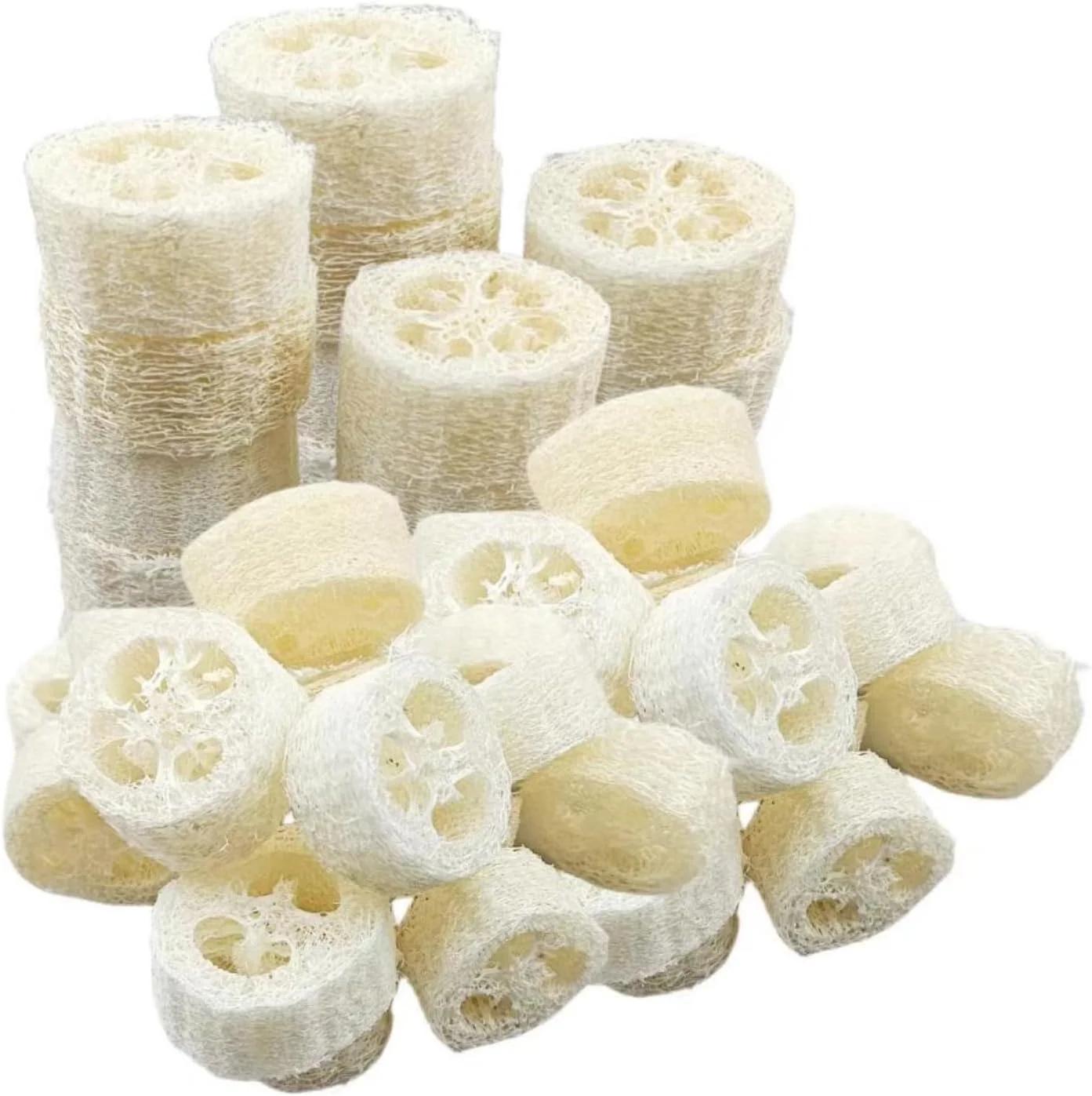 برش های لیف لوفا طبیعی ENLAYER، بسته 25 عددی، برش های لوفا طبیعی قابل استفاده مجدد برای اسکرابر تمیز کننده اسفنجی، نگهدارنده صابون صورت و ابزارهای صابون سفارشی DIY به همراه 1 عدد کیسه نگهداری (قطر 5 سانتی متر، ضخامت 2.5 سانتی متر)