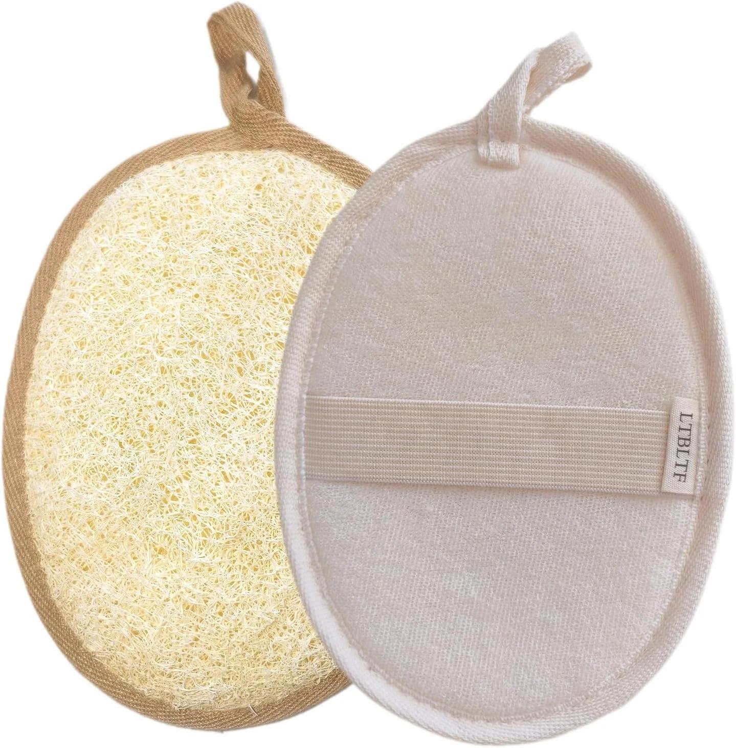 مجموعه اسفنج حمام لوفا طبیعی LTBLTF، مجموعه 2 عددی، لایه بردار بدن، بیضی شکل دو رنگ 18x13 سانتی متر (سفید و قهوه ای)، مناسب برای آقایان و بانوان، هدیه ای مناسب برای زوج ها، هدیه حمام سازگار با محیط زیست