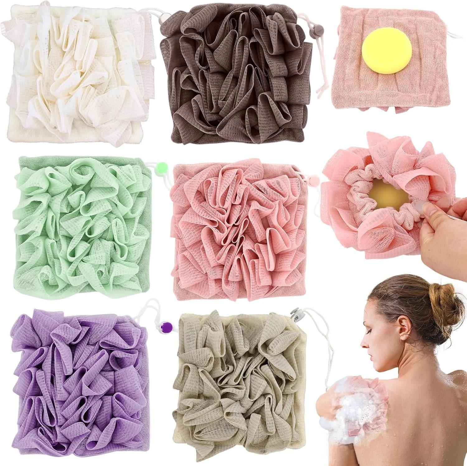 لیف صابون 6 عددی، نگهدارنده صابون پارچه ای لوفا 2 در 1، از بین برنده پوست مرده برای پوستی صاف، اسفنج حمام لایه بردار با بند کشی برای حمام و دوش