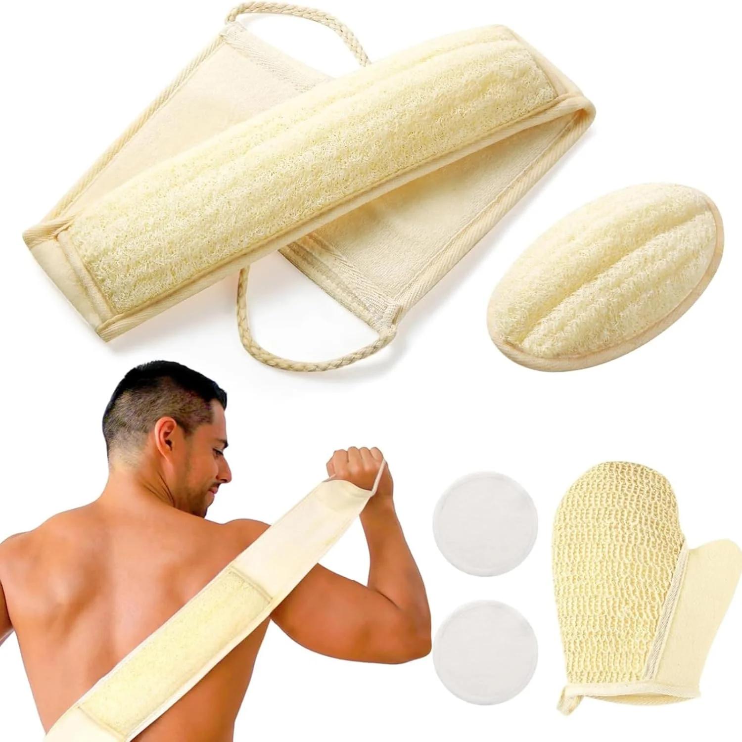 لیف اسفنجی طبیعی لوفا، اسکرابر اسفنجی لایه بردار بدن، اسکرابر لایه بردار پشت برای ست دوش (بسته 5 عددی)، پدهای اسفنجی لوفا و دستکش لایه بردار، پاکسازی عمیق و شاداب کننده پوست شما، برای مردان و زنان