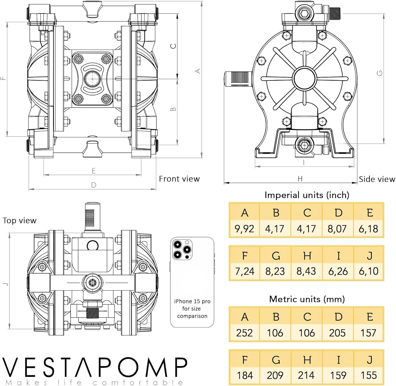 پمپ دیافراگمی بادی Vestapomp - پمپ بادی دیافراگمی - پمپ انتقال پنوماتیک دوگانه کوچک روغن ضایعات (خروجی 1/2 اینچ، بدنه آلومینیومی + نیتریل، 55 لیتر در دقیقه، 7 بار)