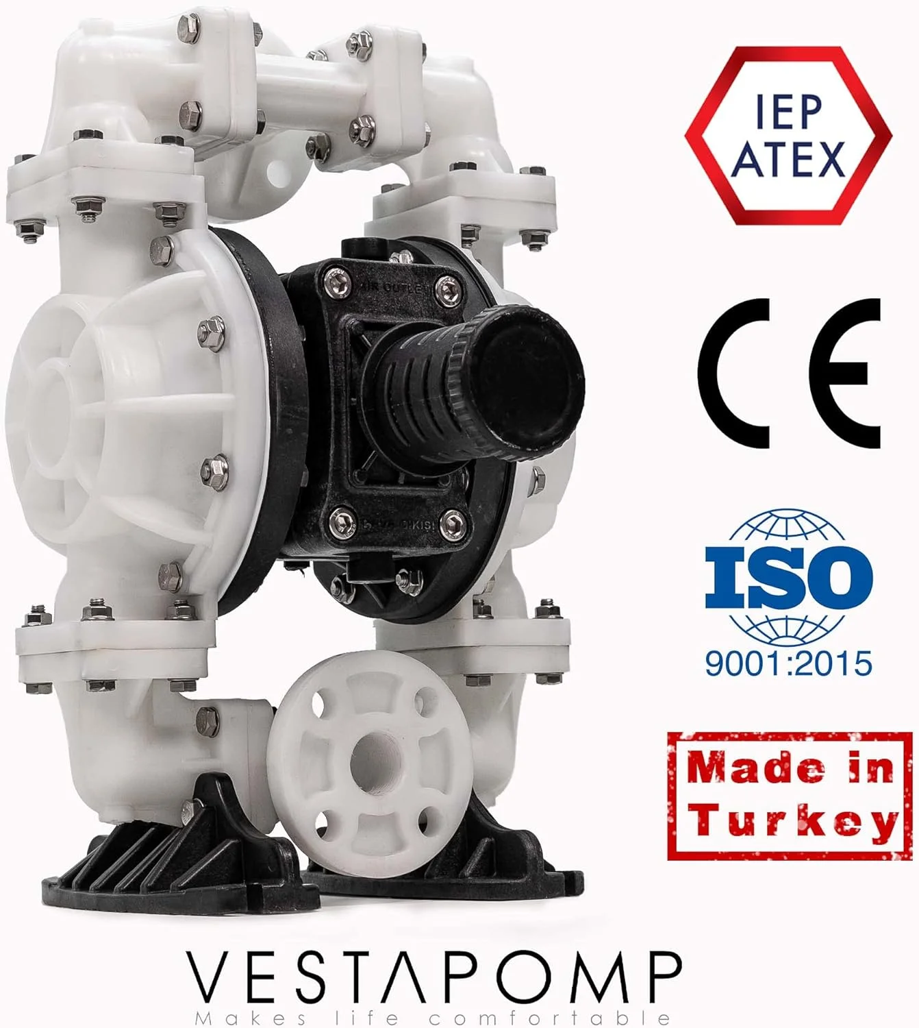 پمپ دیافراگمی بادی Vestapomp - انتقال مواد شیمیایی - پمپ دیافراگمی بادی - انتقال پنوماتیک دوگانه AODD (خروجی 1 اینچ، بدنه پلی پروپیلن + Santoprene، 40 GPM، 100 PSI)
