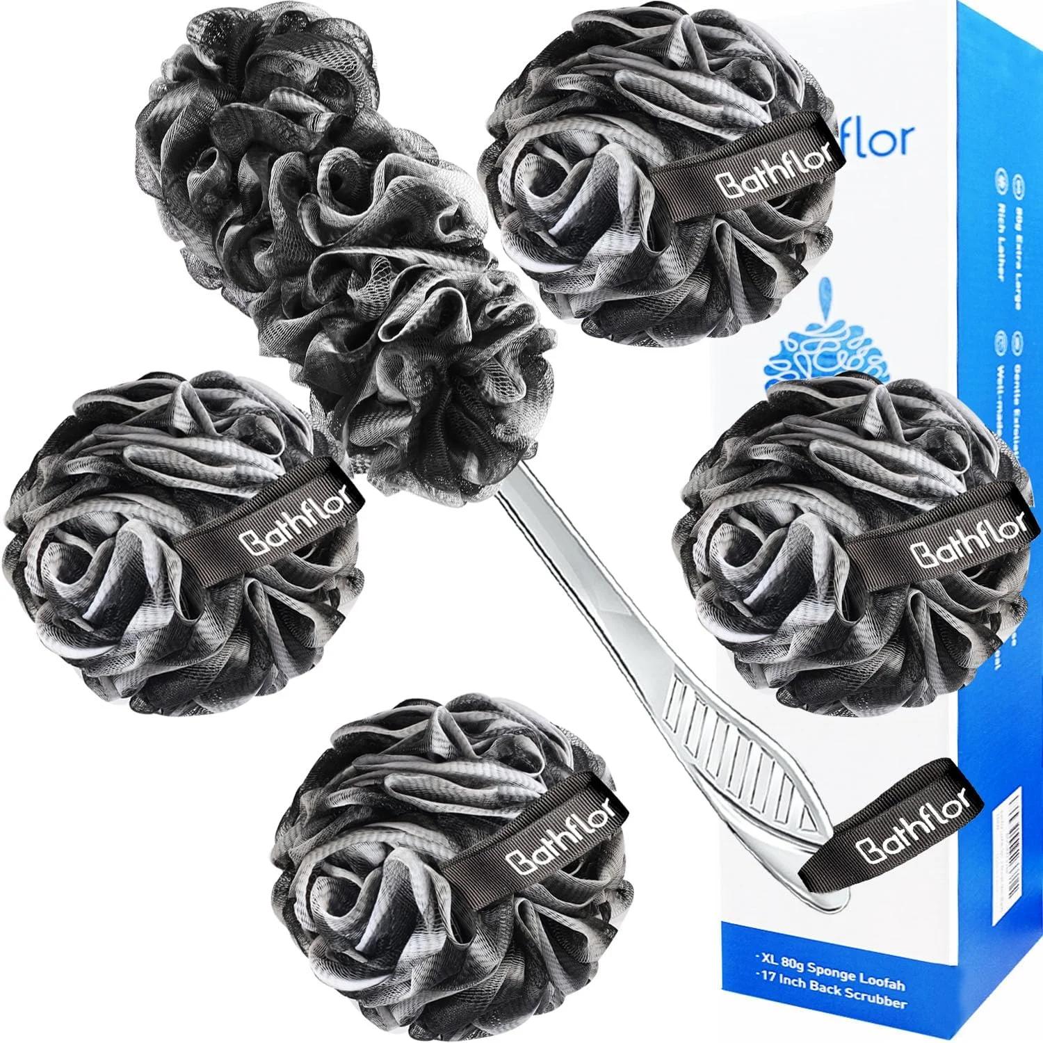 لیف اسفنجی لوفا Bathflor برای لایه برداری بدن: بسته 4 عددی پوف لوفا بزرگ 80 گرمی، 1 عدد لیف لوفا دسته بلند برای پشت، 1 عدد قلاب لوفا، بسته لوفا زغالی برای شستشوی بدن مردان و زنان، مشکی