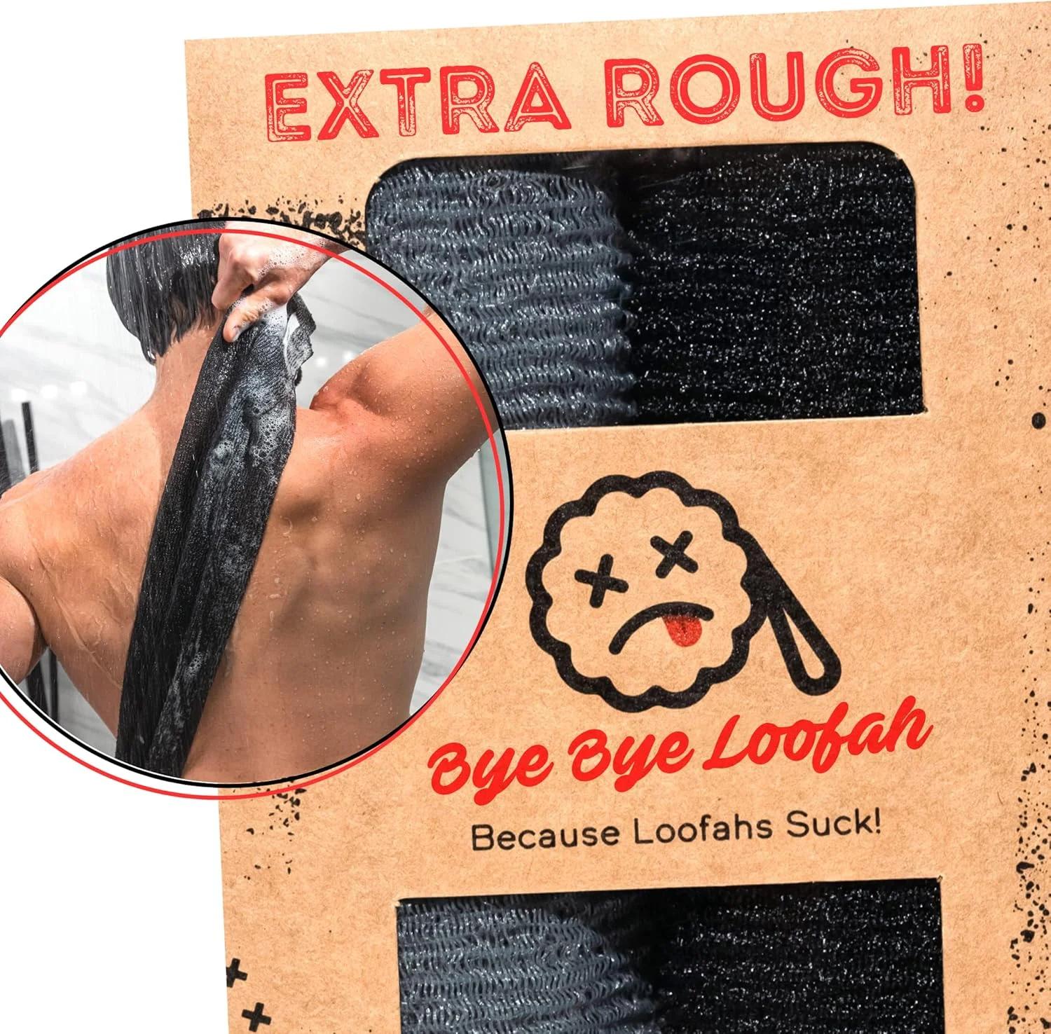 لیف لایه بردار بسیار زبر Bye Bye Loofah - اسکرابر فوق العاده بدن و پشت برای حمام، بسیار بلند، لیف بهداشتی لایه بردار، مناسب آقایان یا بانوان، بسته 2 عددی، 1 عدد مشکی و 1 عدد خاکستری