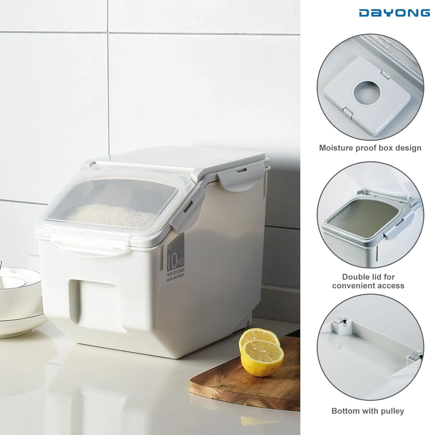 ظرف نگهداری برنج DAYONG، جعبه بزرگ 10 کیلویی برای نگهداری غلات و غذای خشک با چرخ، ظرف نگهداری غذای حیوانات خانگی، ظروف بزرگ درب دار و پیمانه، بدون BPA (A - 10 کیلوگرم)