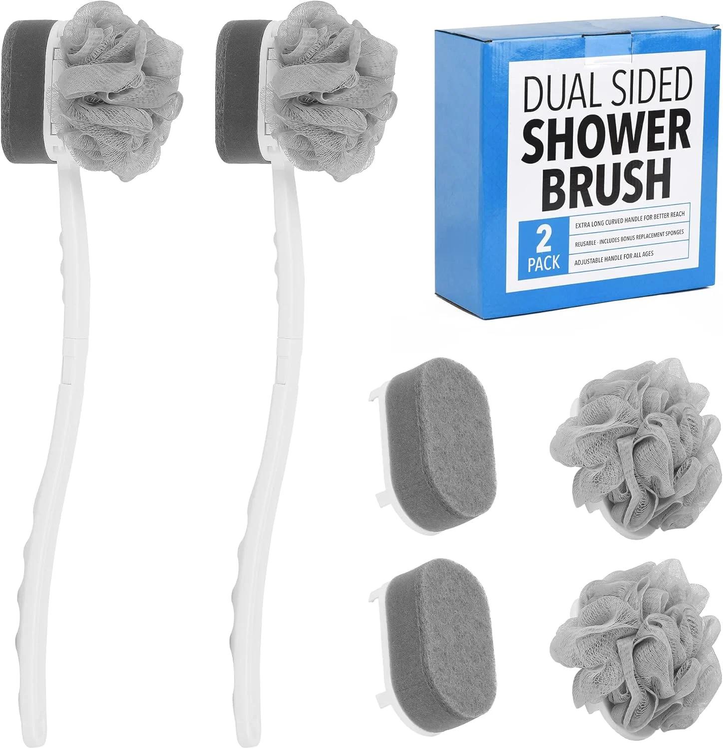 [بسته 2 عددی] برس اسکراب دسته بلند اضافی برای دوش با لیف و اسفنج لایه بردار برای درخشش پوست - اسکرابر بدن دوش به همراه 2 لیف و 2 اسفنج باف - اسفنج دسته بلند و چوب لیف