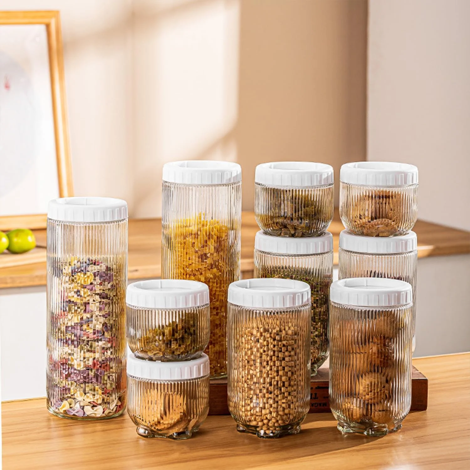 ست 10 تکه ظروف ادویه شیشه ای BEROZA، ظروف نگهداری شیشه ای گرد با درب، ظروف ادویه نگهداری مواد غذایی، مناسب برای نودل، آرد، غلات، برنج، شکر، چای، دانه های قهوه (C) ست 10 تکه ظروف ادویه شیشه ای BEROZA، ظروف نگهداری شیشه ای گرد با درب، ظروف ادویه نگهداری مواد غذایی، مناسب برای نودل، آرد، غلات، برنج، شکر، چای، دانه های قهوه (C)