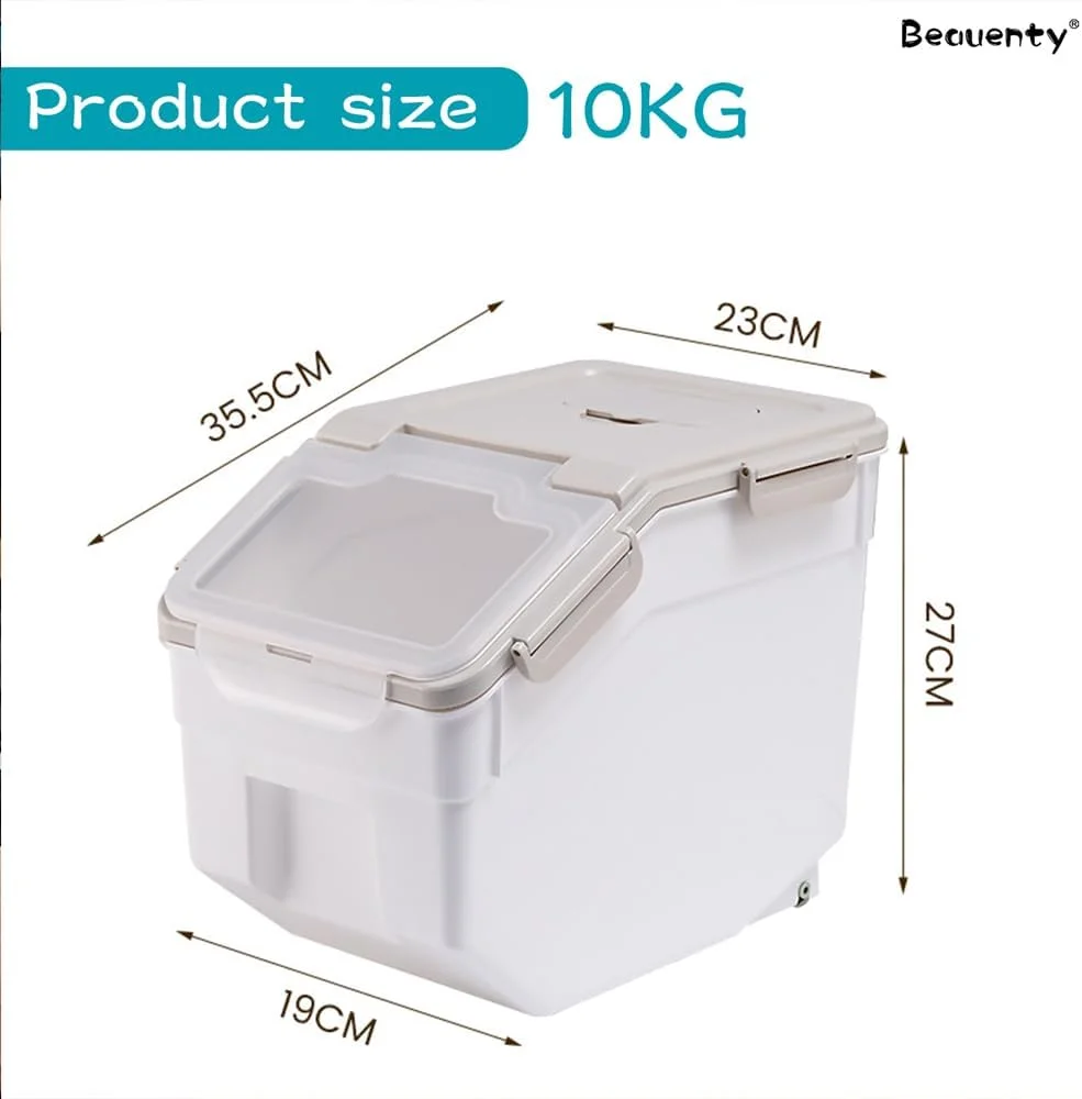 ظرف نگهداری برنج Beauenty، سطل بزرگ 10 کیلوگرمی نگهداری مواد غذایی با درب، جعبه نگهداری مواد غذایی خشک غلات مقاوم در برابر رطوبت و حشرات بدون BPA با پیمانه اندازه گیری (خاکستری، 10 کیلوگرم)