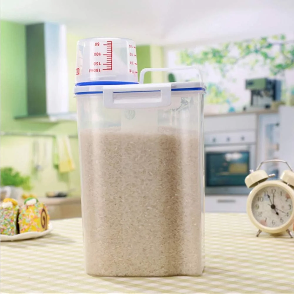 ظرف نگهداری غلات پلاستیکی 2 کیلوگرمی Blooming، جعبه نگهداری مواد غذایی آشپزخانه برای برنج و غلات، جعبه شفاف نگهداری مواد غذایی به همراه پیمانه اندازه گیری، مناسب برای آرد، شکر، برنج و غیره