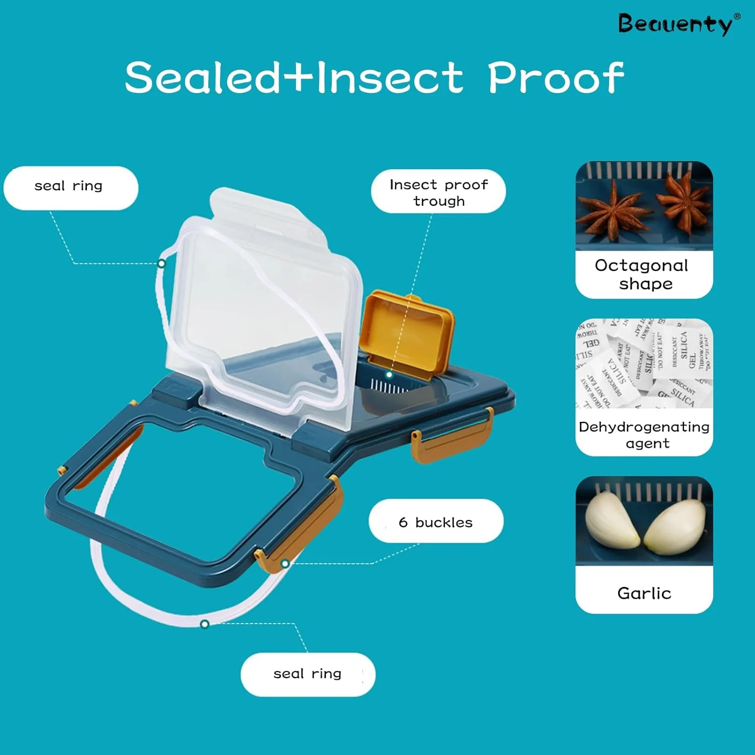 ظرف نگهداری برنج Beauenty، سطل بزرگ 10 کیلوگرمی نگهداری مواد غذایی با درب، جعبه نگهداری مواد غذایی خشک غلات مقاوم در برابر رطوبت و حشرات بدون BPA با پیمانه اندازه گیری (خاکستری، 10 کیلوگرم)
