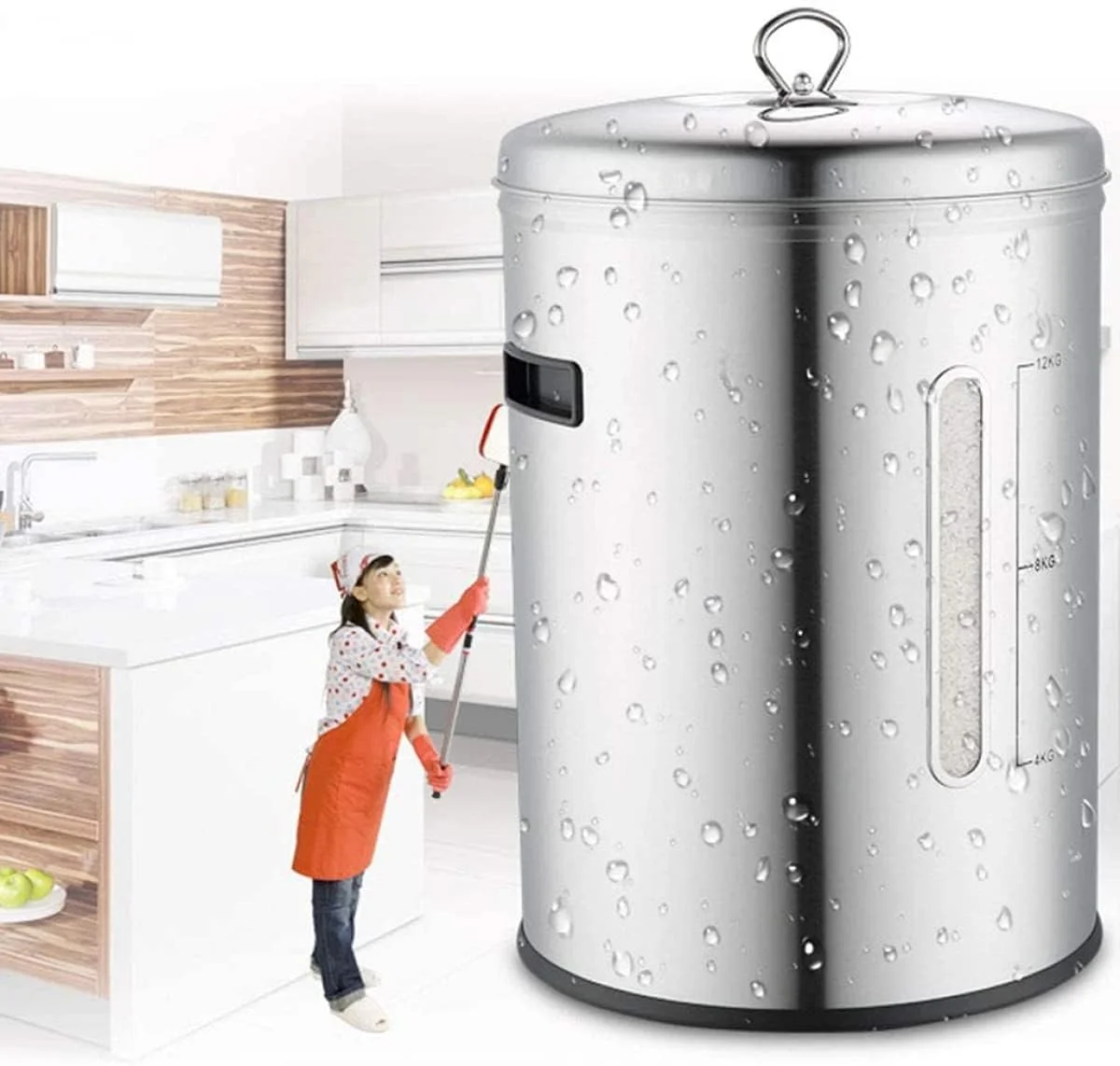 ظرف برنج BERTY·PUYI، سطل برنجی، ظرف غلات، استیل ضد زنگ 304، سطل آرد، مخزن نگهداری برنج، مخزن نگهداری مواد غذایی - نقره ای || 26 * 36 سانتی متر