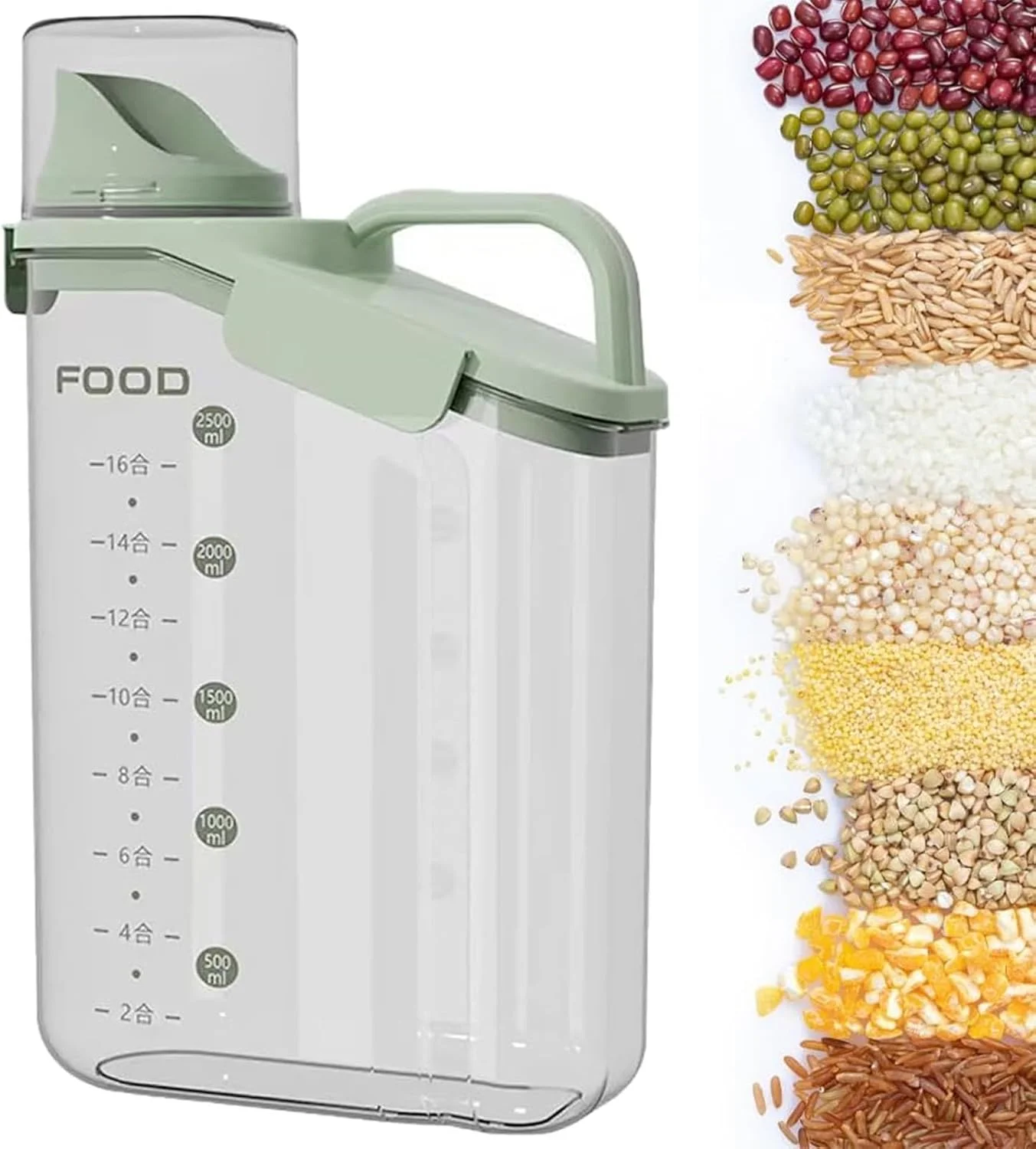 ظرف نگهداری برنج BAKAMITAYI، ظرف نگهداری آشپزخانه، ظرف نگهداری مواد غذایی درب دار با دریچه خروجی، مناسب برای جو دوسر، غلات، برنج، آرد (2800 میلی لیتر) (سبز)