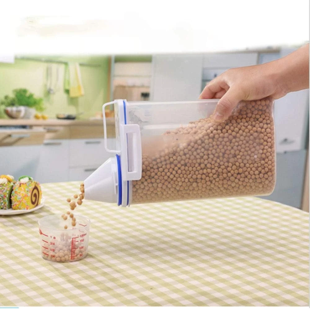 ظرف نگهداری غلات پلاستیکی 2 کیلوگرمی Blooming، جعبه نگهداری مواد غذایی آشپزخانه برای برنج و غلات، جعبه شفاف نگهداری مواد غذایی به همراه پیمانه اندازه گیری، مناسب برای آرد، شکر، برنج و غیره