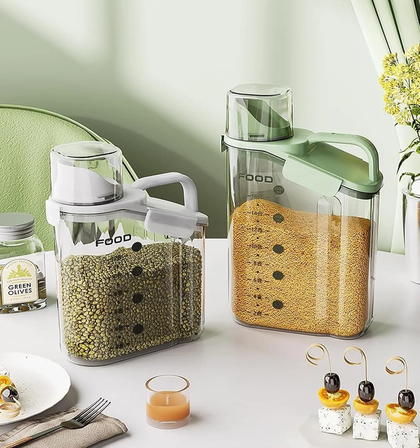 ظرف نگهداری برنج BAKAMITAYI، ظرف نگهداری آشپزخانه، ظرف نگهداری مواد غذایی درب دار با دریچه خروجی، مناسب برای جو دوسر، غلات، برنج، آرد (2800 میلی لیتر) (سبز)