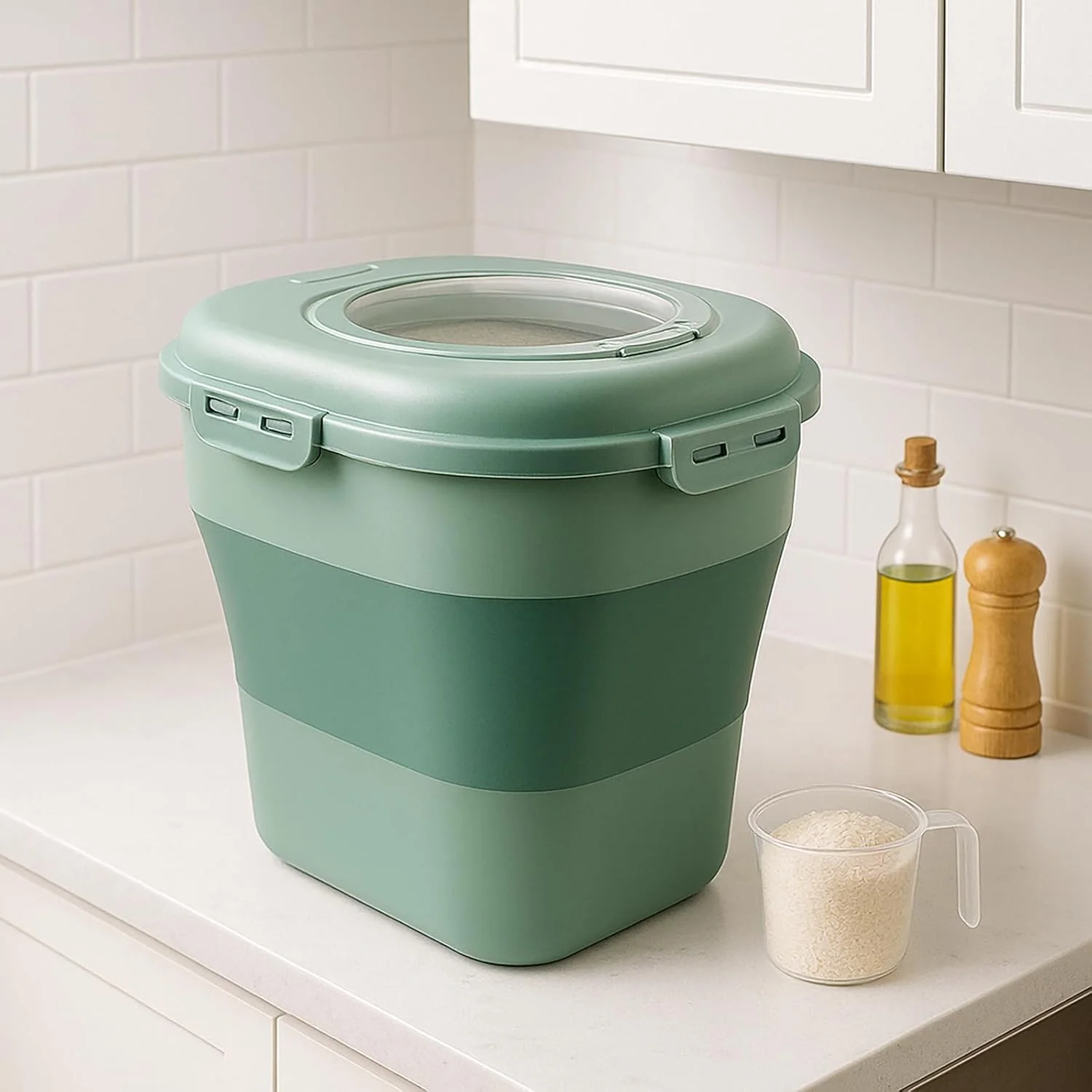 ظرف نگهداری تاشو برنج و غلات با ظرفیت 9 تا 22 کیلوگرم، درب قفلدار ضد هوا با چرخ، طراحی ضد نشت، سازماندهنده مواد غذایی کمجا برای آرد، غذای حیوانات خانگی و برنج ظرف نگهداری تاشو برنج و غلات با ظرفیت 9 تا 22 کیلوگرم، درب قفلدار ضد هوا با چرخ، طراحی ضد نشت، سازماندهنده مواد غذایی کمجا برای آرد، غذای حیوانات خانگی و برنج