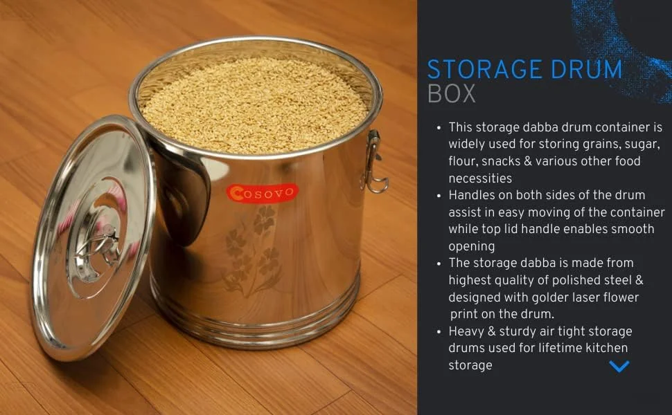 استوانه جعبه نگهداری استیل ضد زنگ COSOVO® | ظرف استیل 25 کیلوگرم | کوتی استیل | ظرف نگهداری برنج | ظرف بزرگ آرد برنج آشپزخانه با سیستم قفل (10-25 کیلوگرم) استوانه جعبه نگهداری استیل ضد زنگ COSOVO® | ظرف استیل 25 کیلوگرم | کوتی استیل | ظرف نگهداری برنج | ظرف بزرگ آرد برنج آشپزخانه با سیستم قفل (10-25 کیلوگرم)