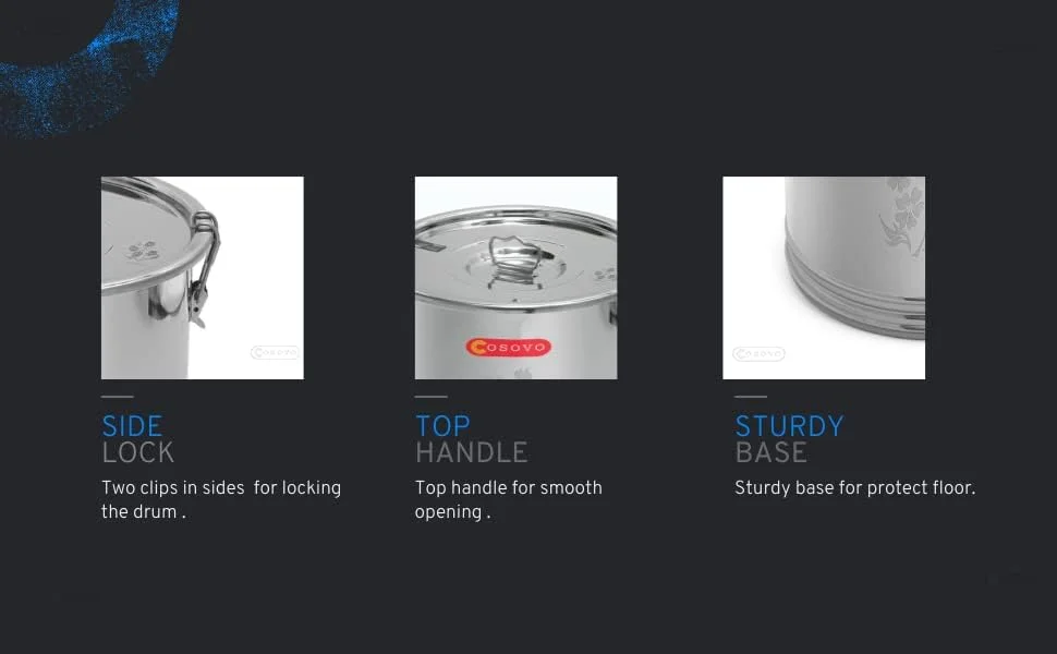 استوانه جعبه نگهداری استیل ضد زنگ COSOVO® | ظرف استیل 25 کیلوگرم | کوتی استیل | ظرف نگهداری برنج | ظرف بزرگ آرد برنج آشپزخانه با سیستم قفل (10-25 کیلوگرم) استوانه جعبه نگهداری استیل ضد زنگ COSOVO® | ظرف استیل 25 کیلوگرم | کوتی استیل | ظرف نگهداری برنج | ظرف بزرگ آرد برنج آشپزخانه با سیستم قفل (10-25 کیلوگرم)