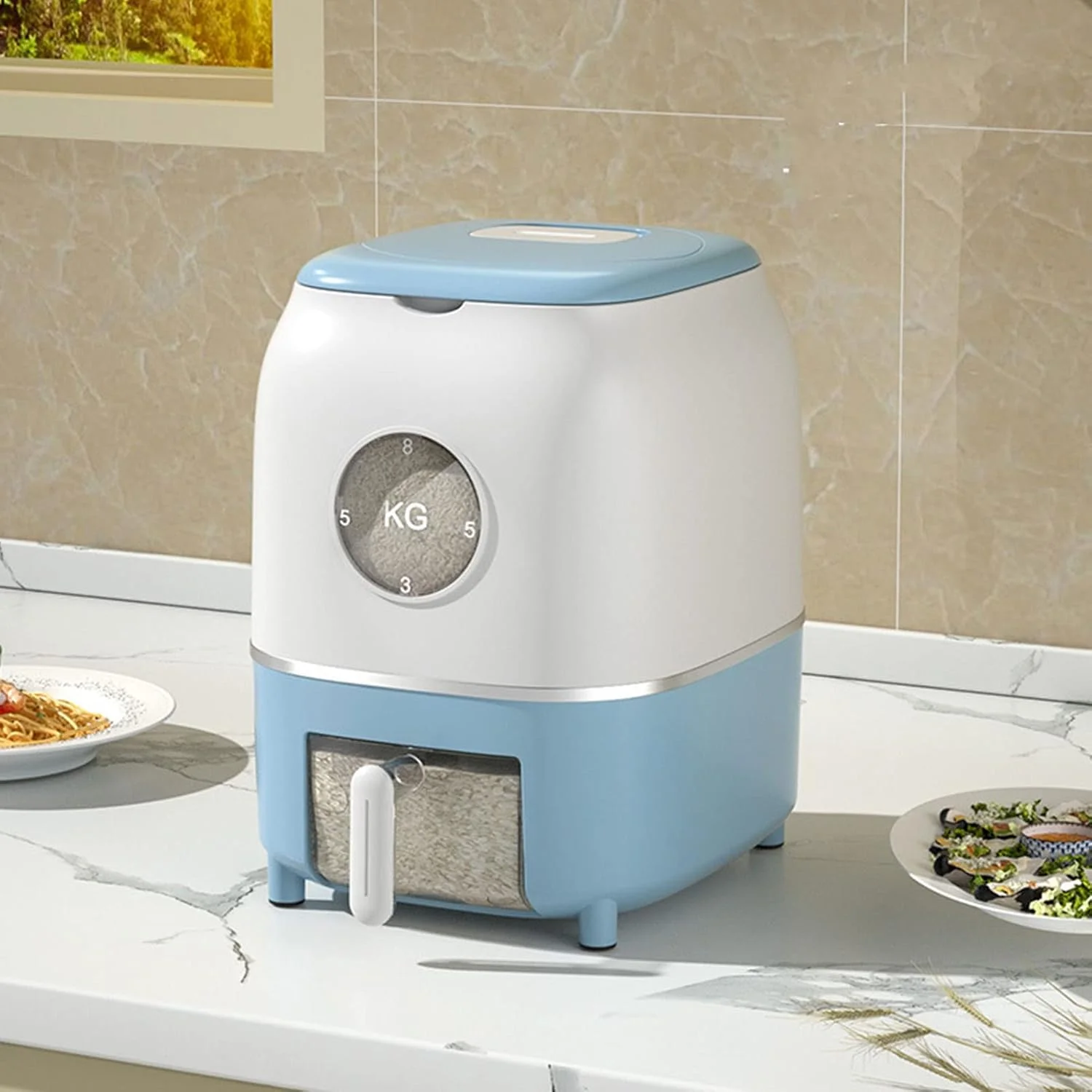 ظروف نگهداری برنج و غلات Cryfokt، ظرف بزرگ و ضد هوای نگهداری برنج، سطل برنج شیب دار داخلی آشپزخانه، جعبه نگهداری غلات برای غذای خشک، غلات، غذای حیوانات خانگی (10 کیلوگرم آبی)