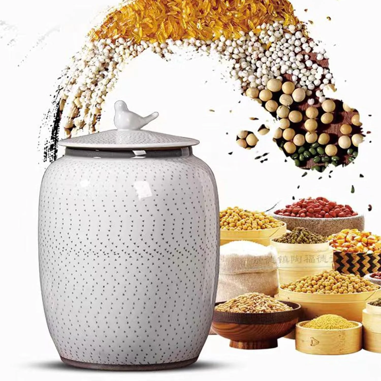 ظرف برنج سرامیکی، ظرف برنج، محفظه نگهداری برنج، ظرف نگهداری مواد غذایی، سطل برنج سرامیکی، ظرف بزرگ نگهداری مواد غذایی، آرد غذای حیوانات خانگی (15 کیلوگرم)