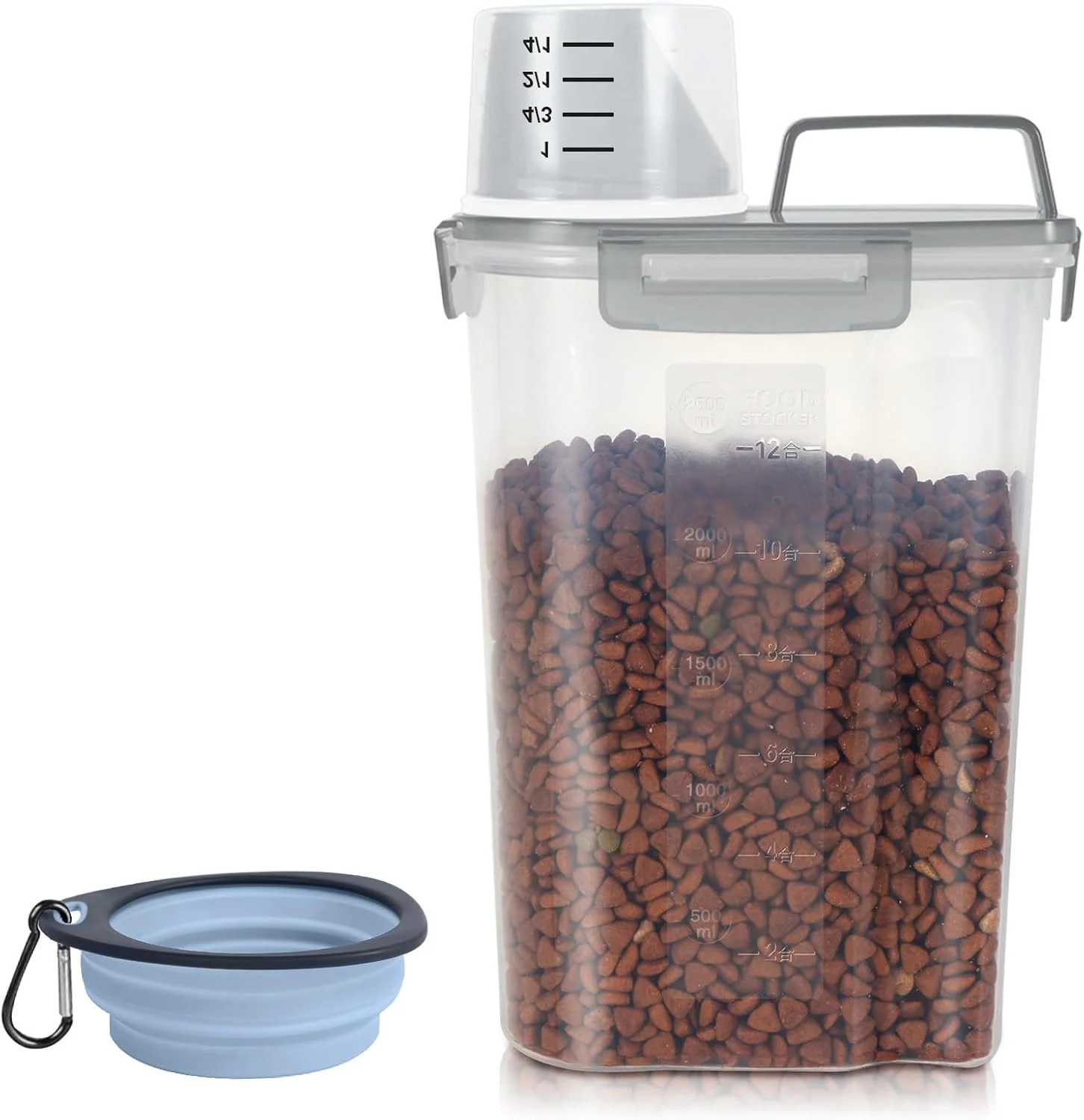 ظرف نگهداری غذای سگ و گربه قابل حمل 3-5 پوند/3 کوارت با کاسه قابل انباشت، پخش کننده غذای حیوانات خانگی پلاستیکی برای غذای خشک حیوانات کوچک، سگ ها، گربه ها، دانه پرندگان، بلغور جو دوسر، برنج، آرد، شکر قهوه ای - خاکستری شفاف