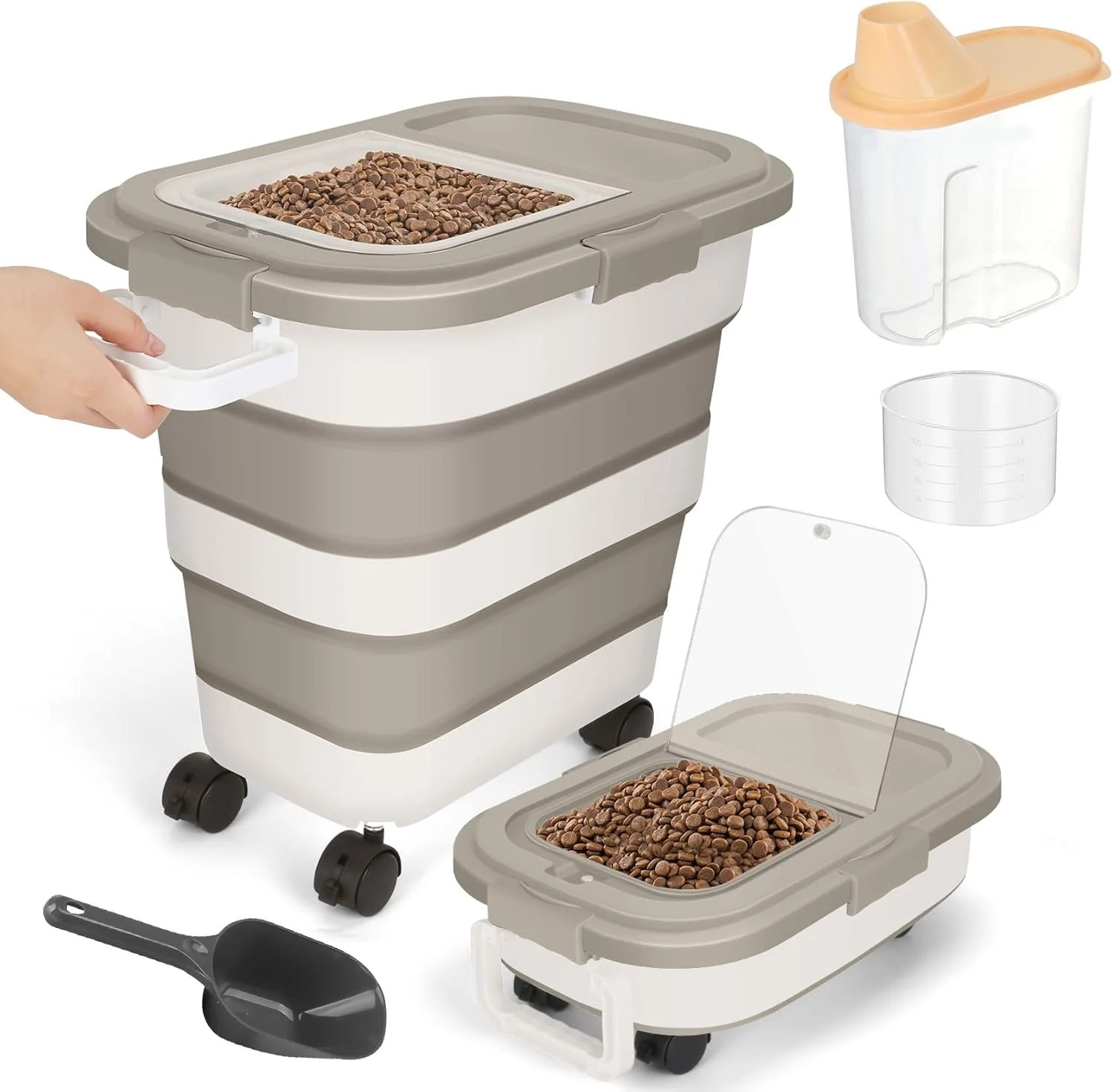 ظرف نگهداری غذای سگ 11 کیلویی، ظرف بزرگ تاشو غذای حیوانات خانگی و گربه با درب های محکم، چرخ، دسته، پیمانه و ظرف کوچک، سطل پخش کننده غذای خشک آشپزخانه برنج (خاکی) ظرف نگهداری غذای سگ 11 کیلویی، ظرف بزرگ تاشو غذای حیوانات خانگی و گربه با درب های محکم، چرخ، دسته، پیمانه و ظرف کوچک، سطل پخش کننده غذای خشک آشپزخانه برنج (خاکی)