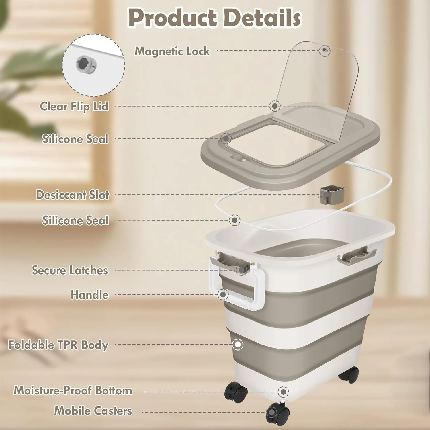 ظرف نگهداری غذای سگ 11 کیلویی، ظرف بزرگ تاشو غذای حیوانات خانگی و گربه با درب های محکم، چرخ، دسته، پیمانه و ظرف کوچک، سطل پخش کننده غذای خشک آشپزخانه برنج (خاکی) ظرف نگهداری غذای سگ 11 کیلویی، ظرف بزرگ تاشو غذای حیوانات خانگی و گربه با درب های محکم، چرخ، دسته، پیمانه و ظرف کوچک، سطل پخش کننده غذای خشک آشپزخانه برنج (خاکی)