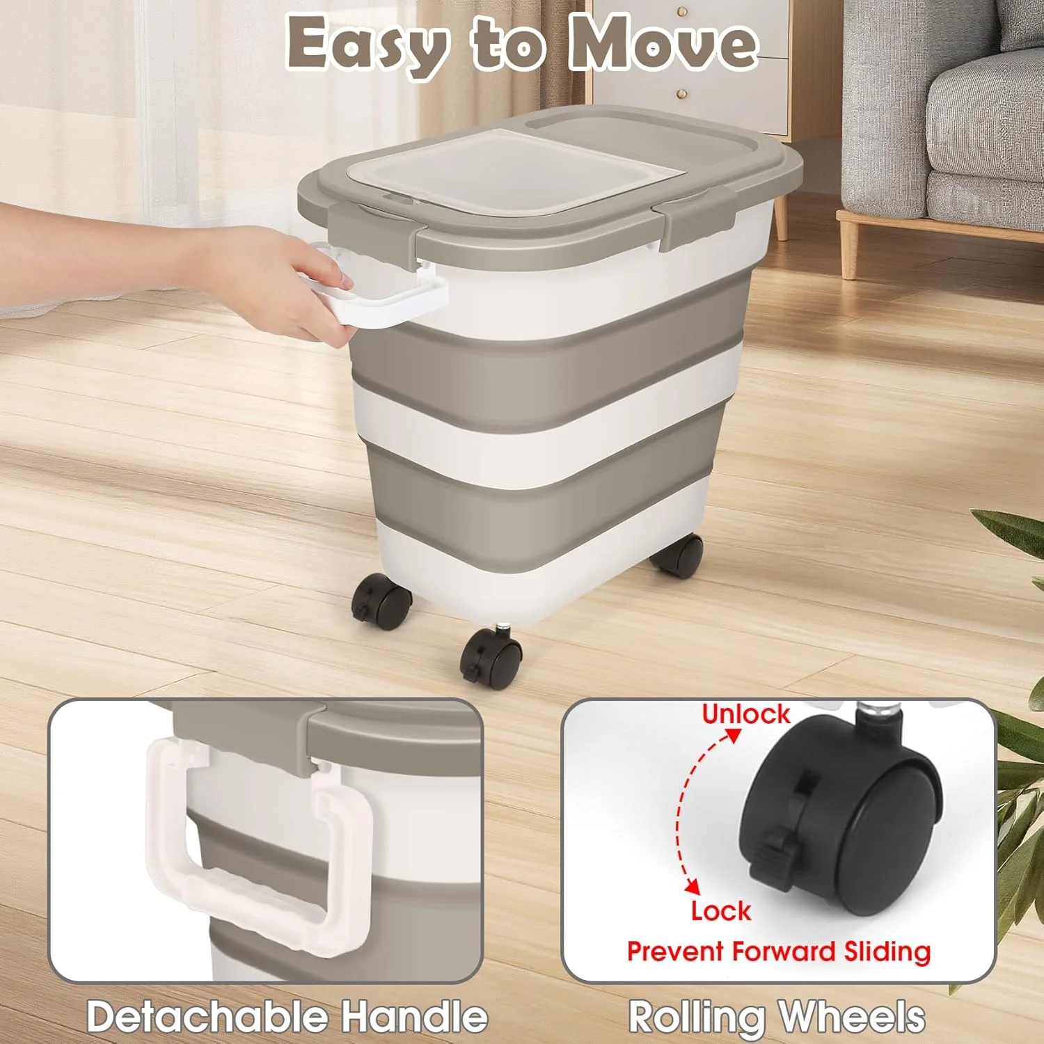 ظرف نگهداری غذای سگ 11 کیلویی، ظرف بزرگ تاشو غذای حیوانات خانگی و گربه با درب های محکم، چرخ، دسته، پیمانه و ظرف کوچک، سطل پخش کننده غذای خشک آشپزخانه برنج (خاکی) ظرف نگهداری غذای سگ 11 کیلویی، ظرف بزرگ تاشو غذای حیوانات خانگی و گربه با درب های محکم، چرخ، دسته، پیمانه و ظرف کوچک، سطل پخش کننده غذای خشک آشپزخانه برنج (خاکی)