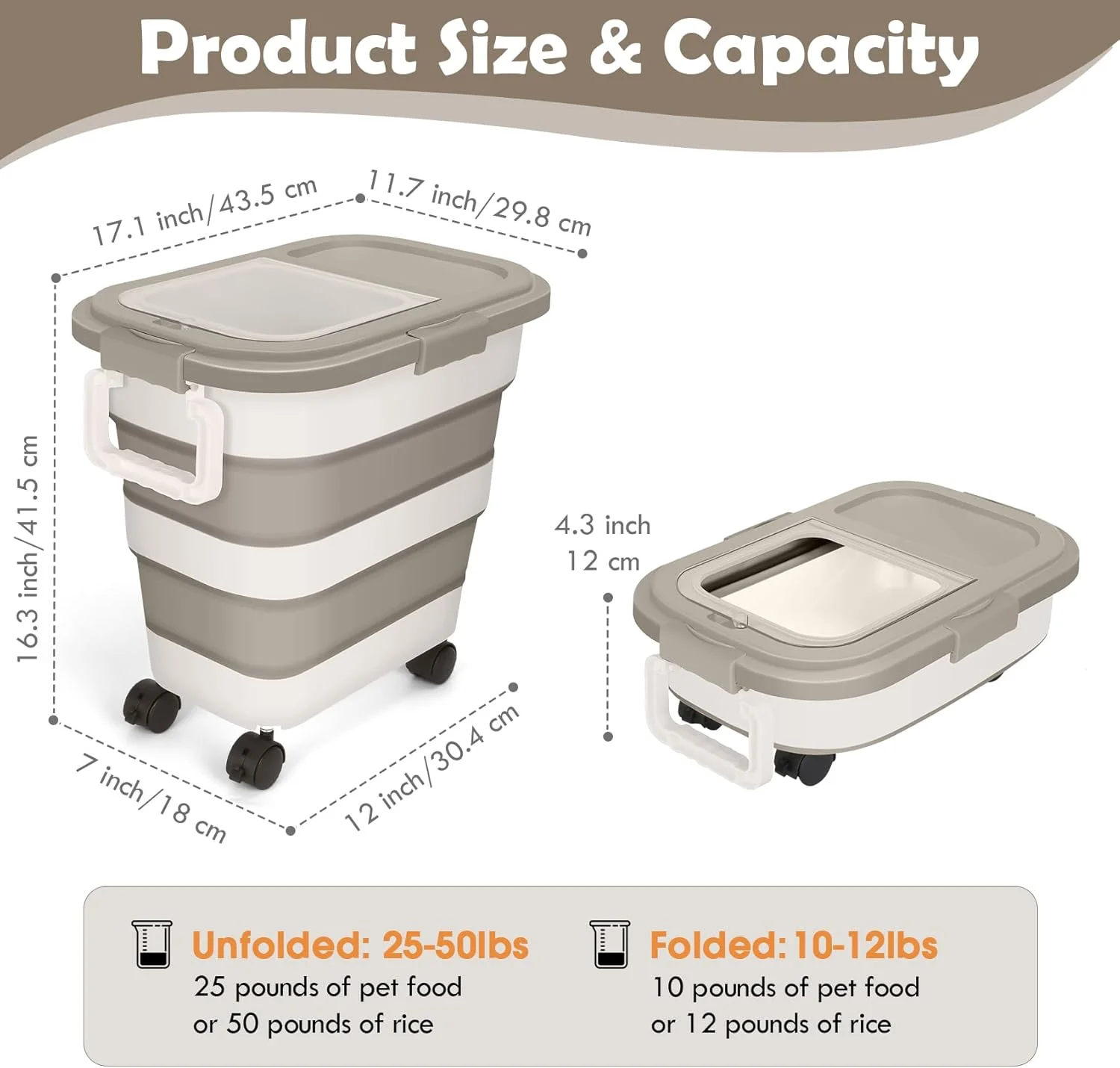 ظرف نگهداری غذای سگ 11 کیلویی، ظرف بزرگ تاشو غذای حیوانات خانگی و گربه با درب های محکم، چرخ، دسته، پیمانه و ظرف کوچک، سطل پخش کننده غذای خشک آشپزخانه برنج (خاکی) ظرف نگهداری غذای سگ 11 کیلویی، ظرف بزرگ تاشو غذای حیوانات خانگی و گربه با درب های محکم، چرخ، دسته، پیمانه و ظرف کوچک، سطل پخش کننده غذای خشک آشپزخانه برنج (خاکی)